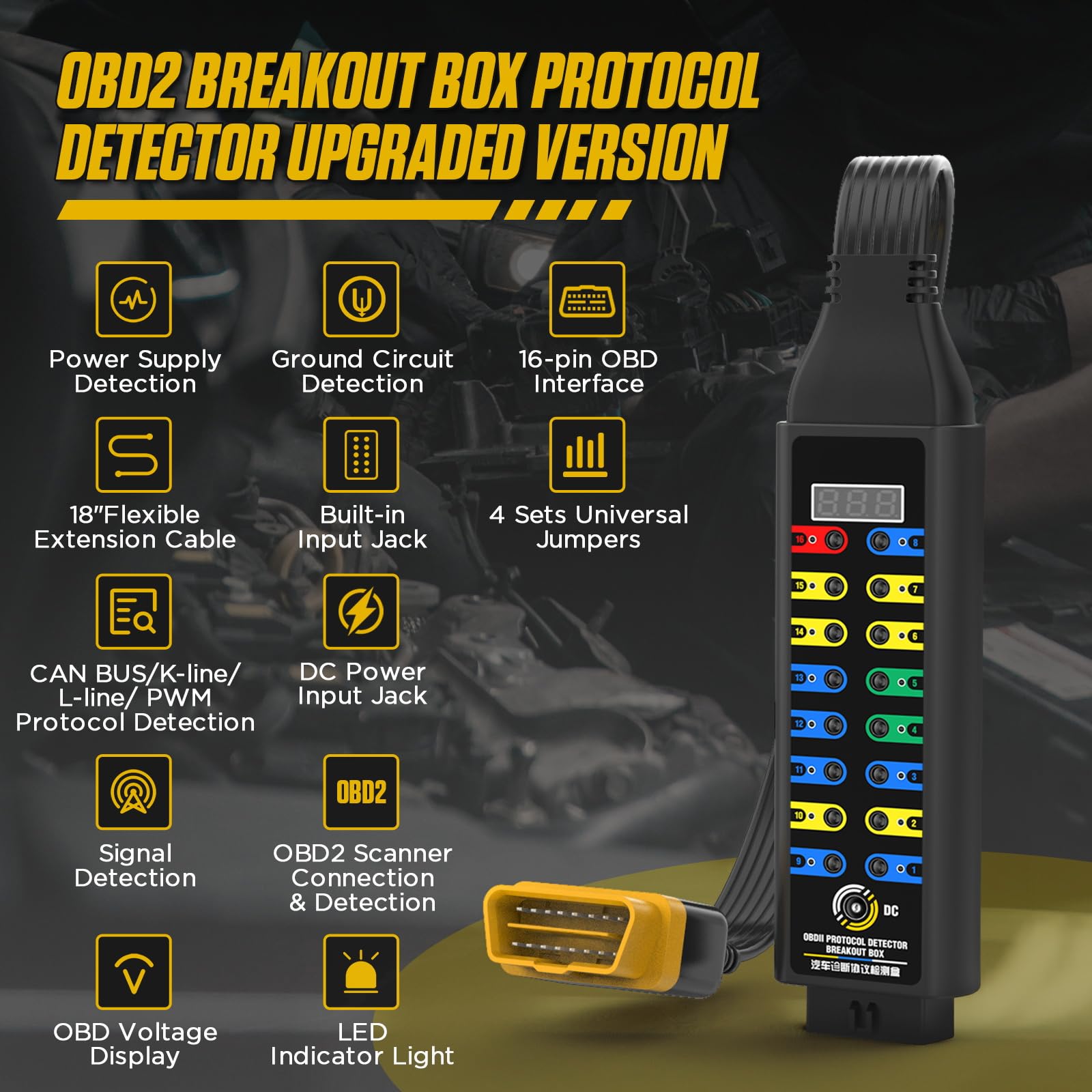 Detektor protokołu OBD2 Ulepszona wersja do OBDII z 16-pinowym złączem 45 cm narzędzie diagnostyczne błędów kabla z wyświetlaczem napięcia OBD wskaźnik świetlny LED