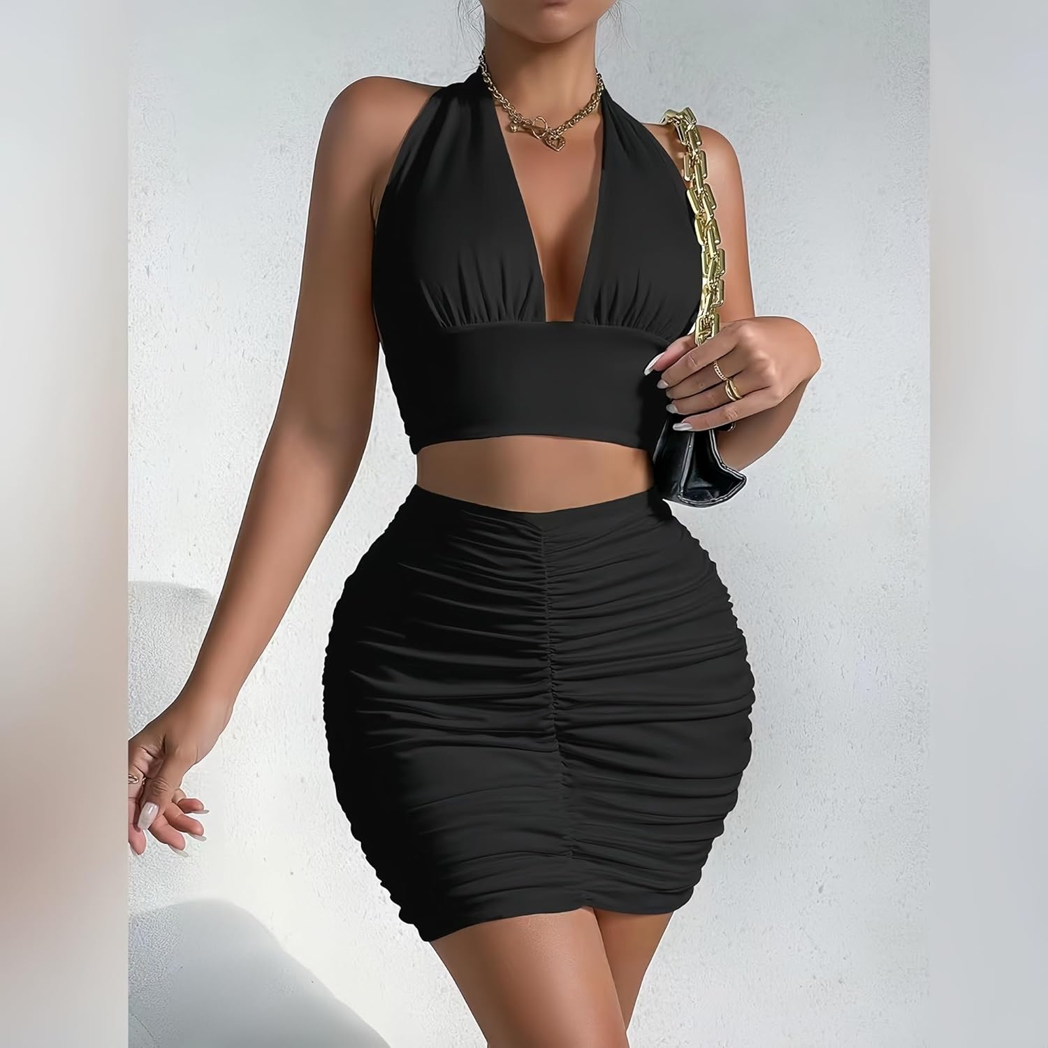 2 Piece Outfits for Women Sexy Club Night Out Crop Top & Bodycon Skirt Set Dresses - Image 2