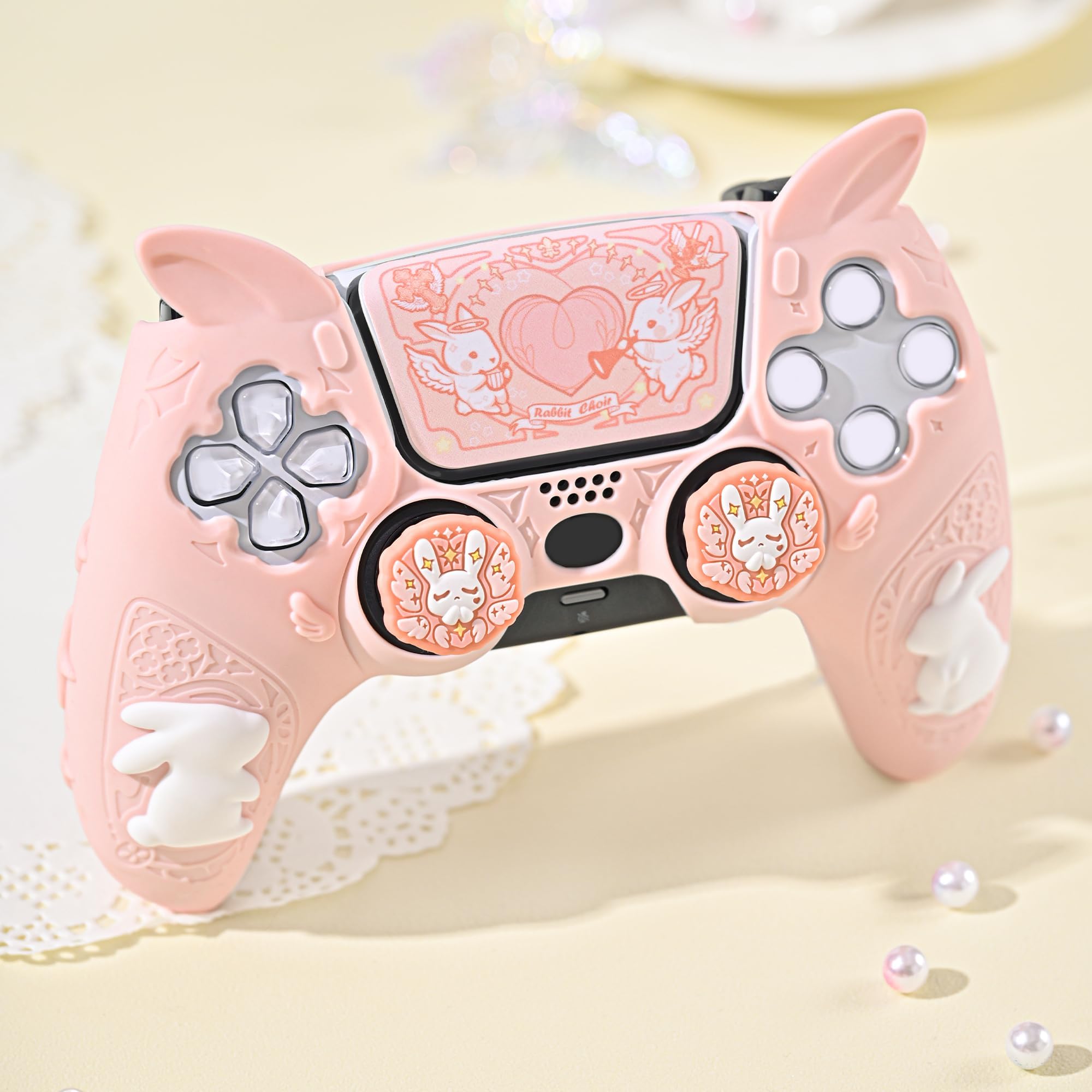 GeekShare PS5 Kontroler Ochronne Etui, Miękkie Silikonowe Etui Ochronne do Bezprzewodowego Kontrolera PS5 z 2 Nakładkami na Kciuki i 1 Naklejką - Gothic Bunny
