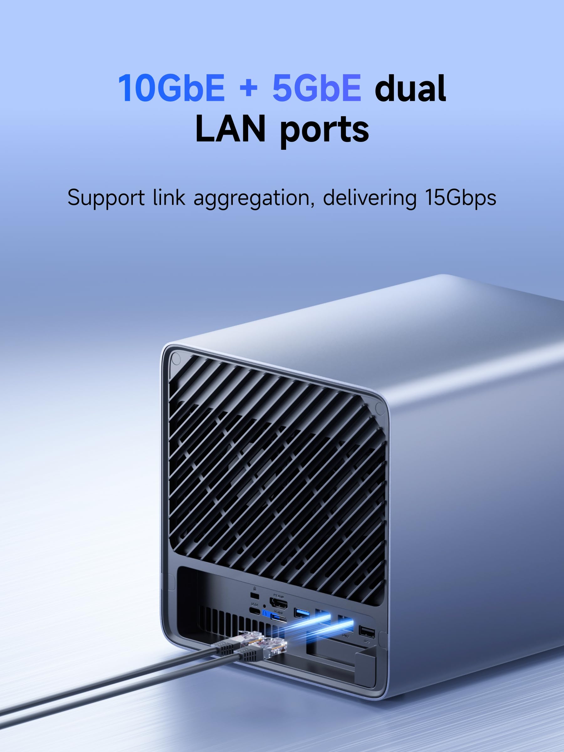 MINISFORUM NAS de bureau N5 Air à 5 baies, processeur AMD Ryzen 7 255, processeur 8C/16T, Radeon 780M, 16 Go de RAM, 64 Go SSD, 3 × M.2 NVMe, 10 GbE + 5 GbE, ports OCuLink et USB4, emplacement