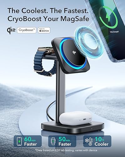 Miniatura 2 de ESR Soporte de cargador MagSafe, estación de carga 3 en 1 con CryoBoost, carga inalámbrica de refrigeración por teléfono, soporte MagSafe de 15 W,