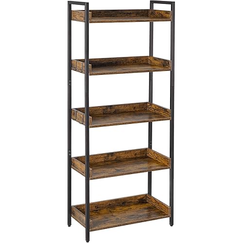 Bertha Burney 5 Tier Bookshelf, Industrial Wood Bookcase, Vintage Storage Rack with Open Shelves, Tall Bookcase Shelf Storage Organizer, Standing Bookshelf for Living Room, Bedroom