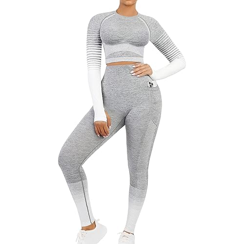 FeelinGirl Workout Sets for Women 2 Piece Long Sleeve Gym Outfit Yoga Set Crop Top High Waist Legging with Pocket
