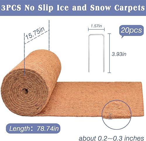 Miniatura 2 de Halatool Paquete de 3 alfombras de 16 x 80 x 0.28 pulgadas gruesas antideslizantes para hielo y nieve, rollo de fibra de coco natural, tapetes