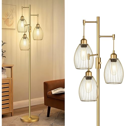 Dimmable Floor Lamp, Industrial Floor Lamps for Living Room, Gold Tree Lamp Standing Lamp Tall Lamps with 3 Elegant Teardrop Cage Head & 800 Lumens LED Bulbs for Living room Bedroom Office Dining Room