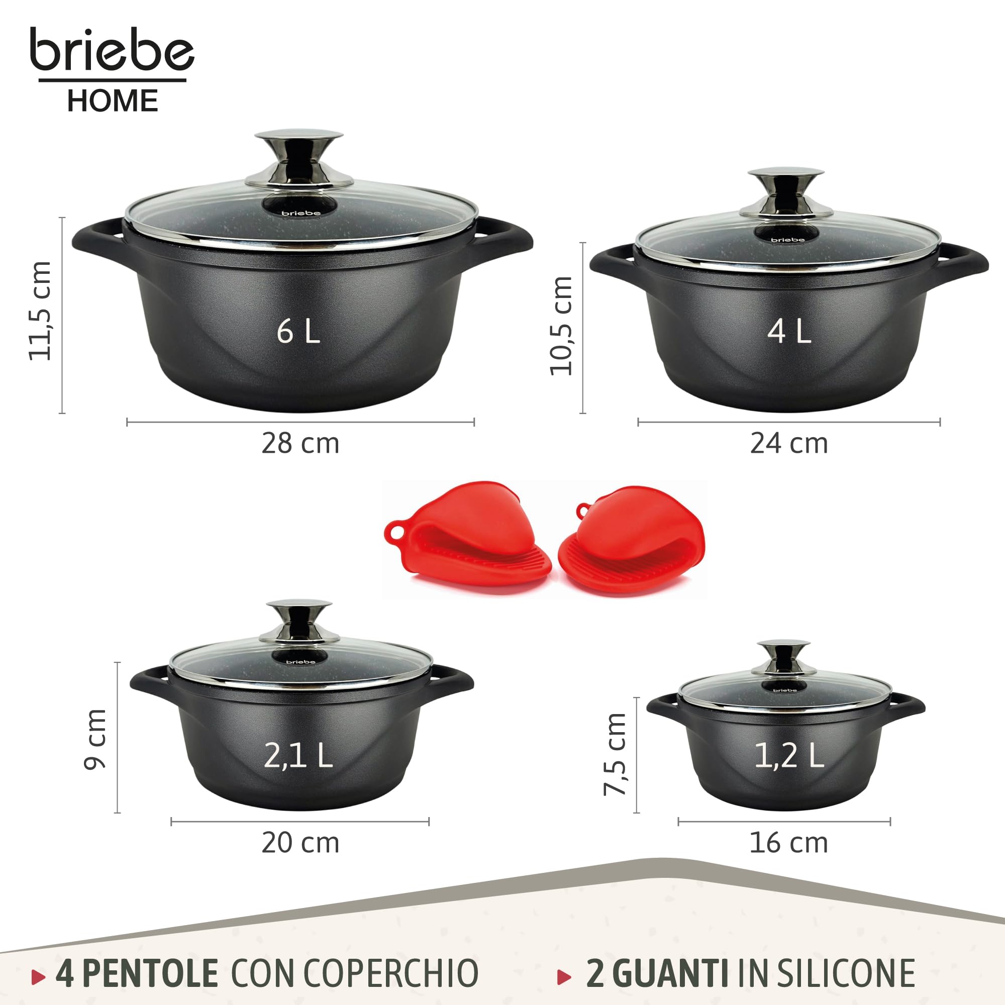 briebe Set Pentole Induzione Batteria 8 Pezzi, 4 Casseruola, Alluminio Pressofuso, Antiaderente senza PFOA, Coperchi in Vetro, Guanti in Silicone, Vetroceramica, Gas, Forno, MGK-12