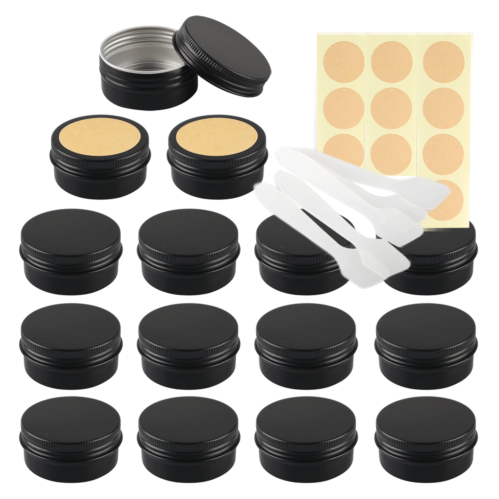LusDoly Pack of 50 Empty 50ml Matte Black Aluminium Tins with Lids - Ø57x28mm Aluminum Screw Pots Travel Round Cosmetic Cream Container Jars for Candle Lip Balm, Salve, with Spatulas & Labels