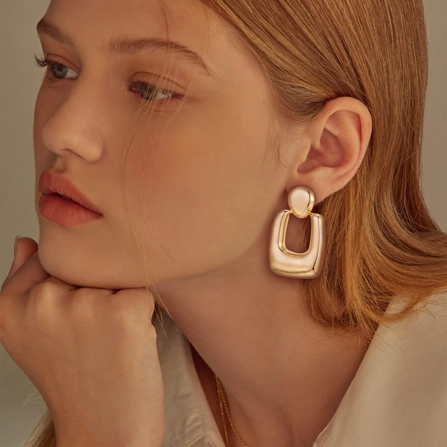 Polished Chunky Gold Dangle Clip-on Earrings for Women Geometric Hoop Clip Earrings for Birthday Jewelry - Image 2