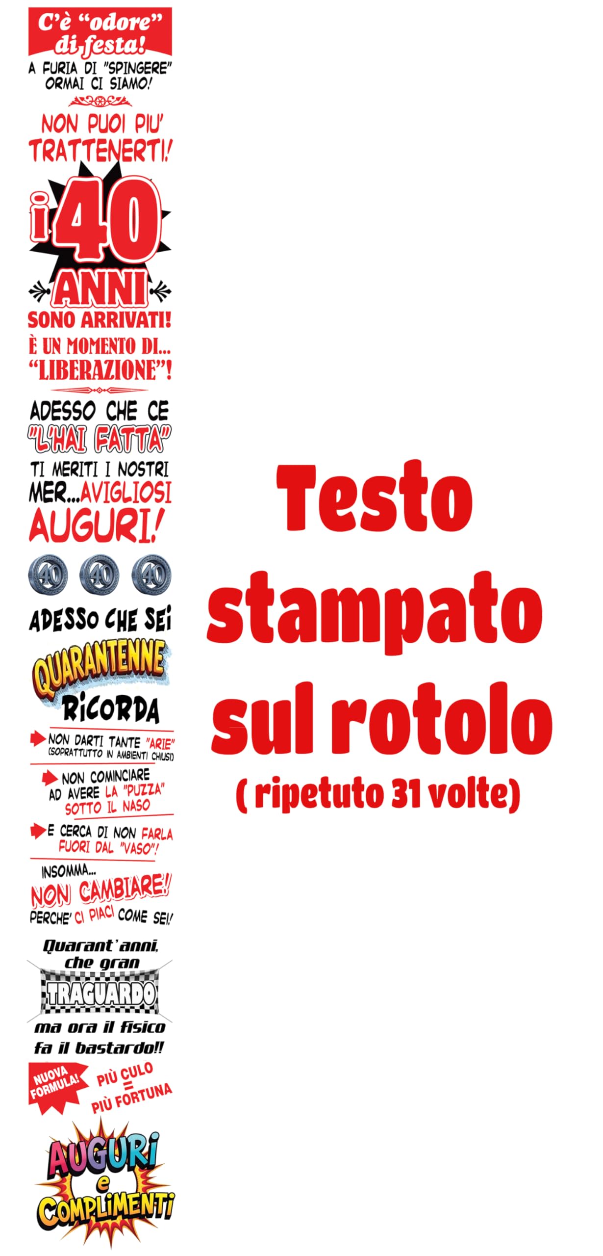 Carta Igienica Divertente 40 Anni – Rotolo Stampato a Colori con Fumetti e Attestato di Compleanno – Gag Regalo Uomo Donna per Festa 40° Compleanno