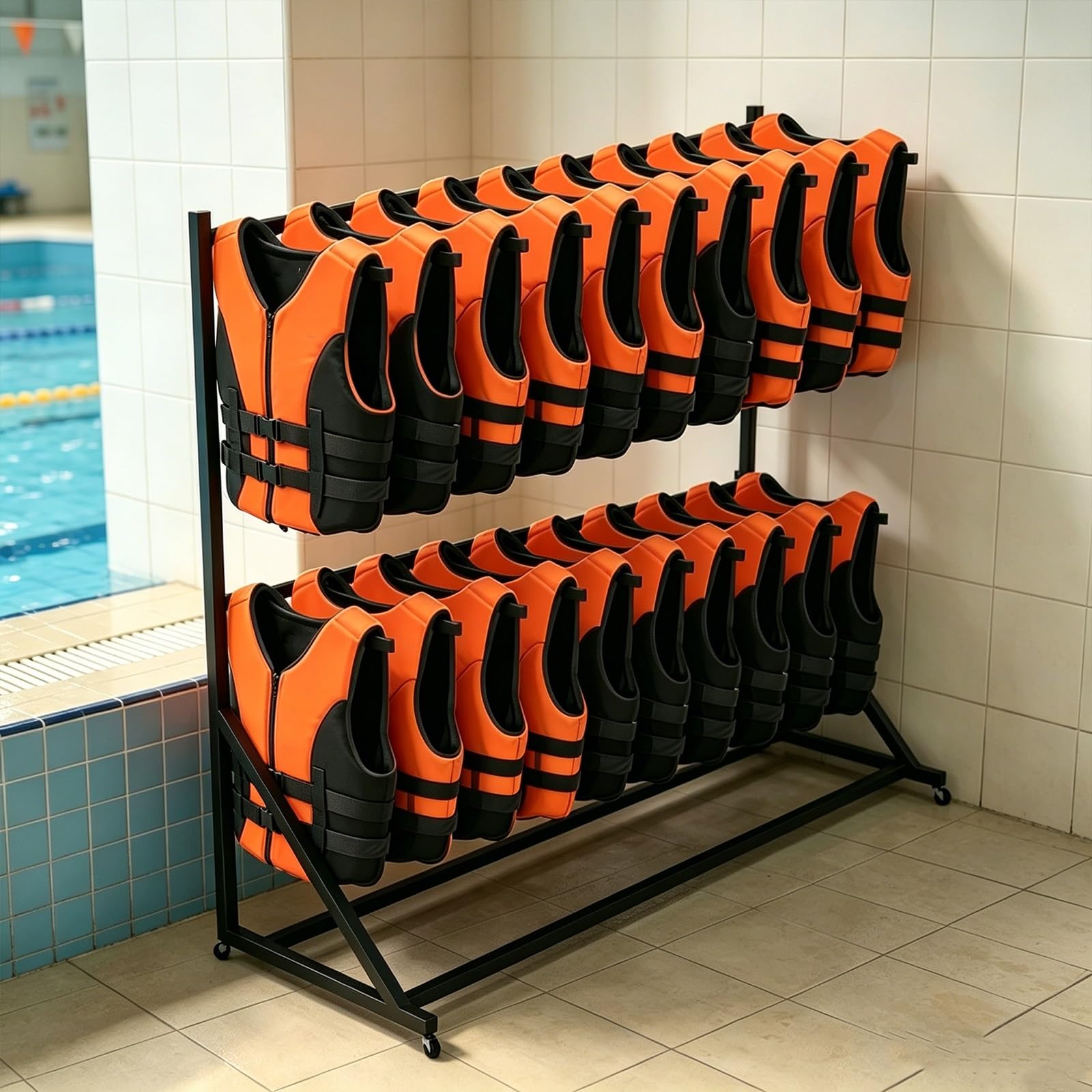 Soporte y Colgador para Chalecos Salvavidas y de flotabilidad, Organizador móvil con Ruedas para Accesorios de Piscina y Muelle (Estructura metálica de Secado)(3-Tier)