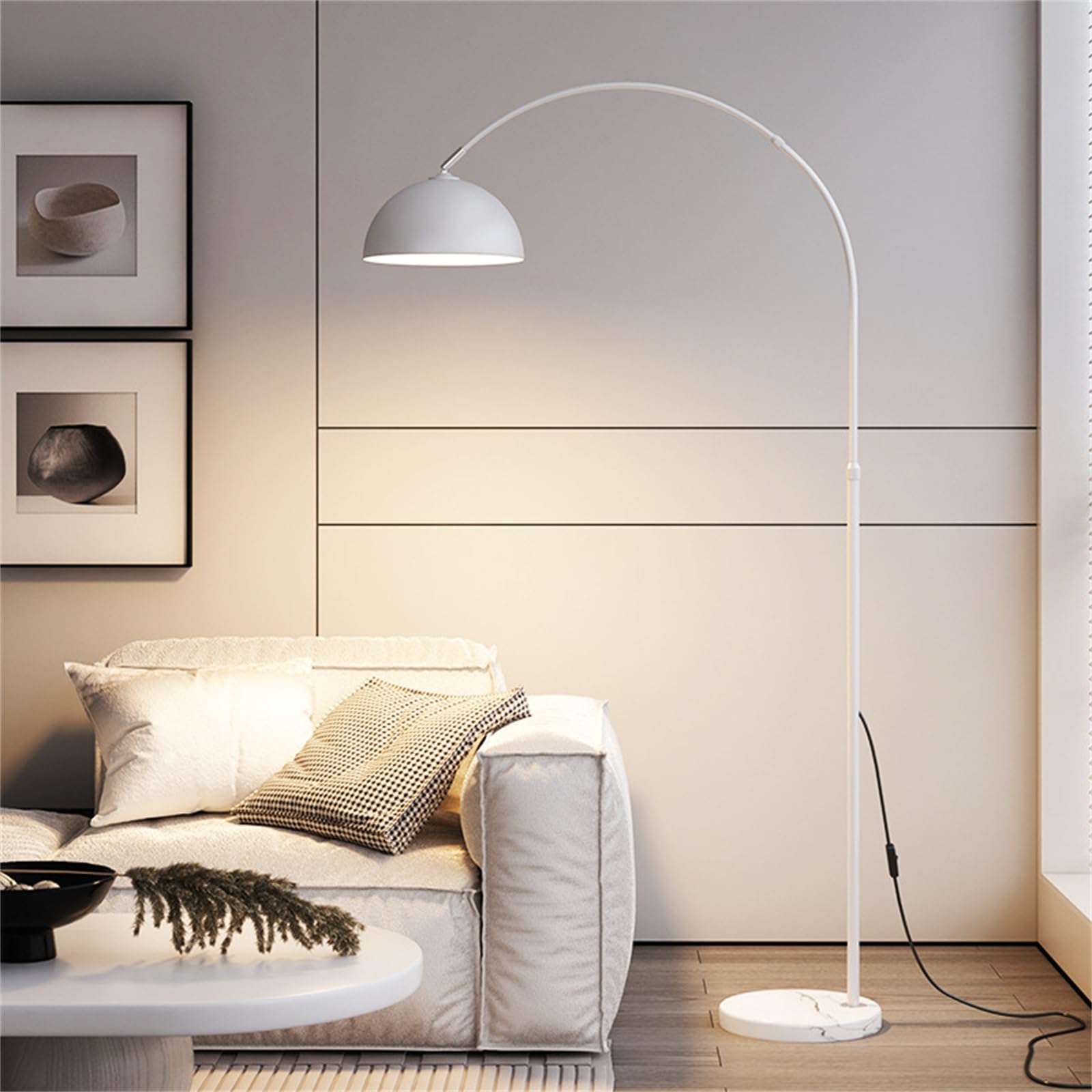 MESOVFCA Modern Arc Floor Lamps for Living Room,Tall Standing Lamp Floor Lamp with Adjustable Hanging Dome Shade,Over Couch Mid Century Arched Reading Lamp for Bedroom,Office,White