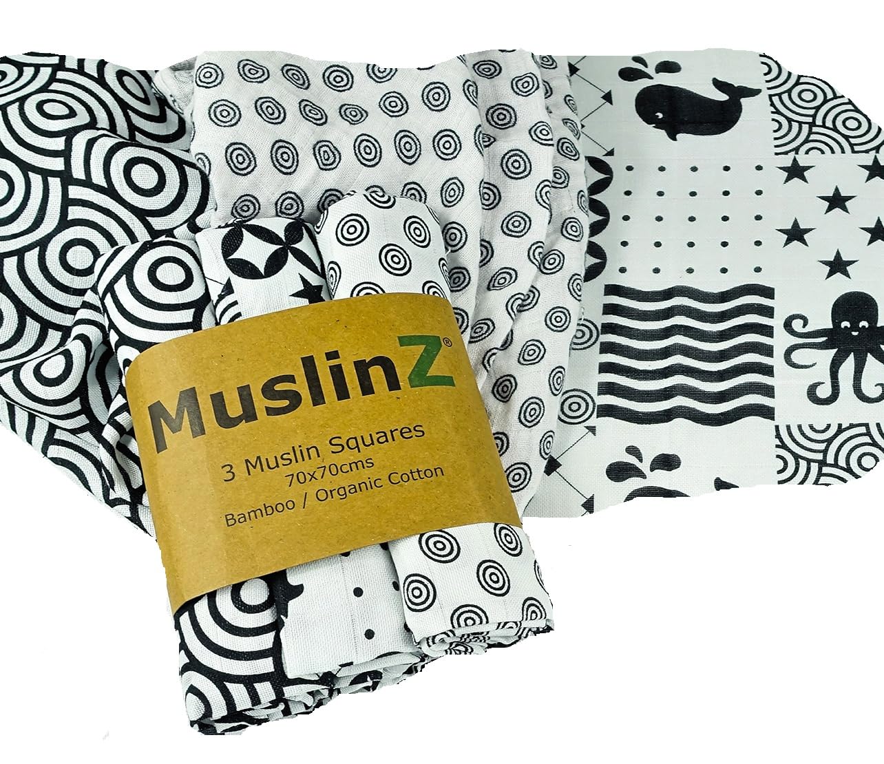 Muslinz Sensory Newborn Muslin Squares In Black And White For Visual Stimulation And Play. Baby Muslin Bamboo/Organic Cotton Mix.
