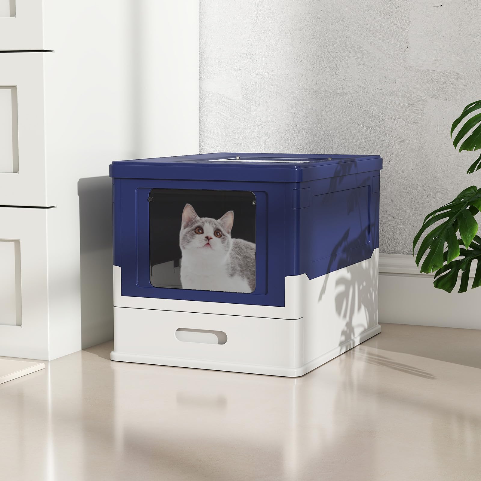 COSTWAY Lettiera per Gatti Pieghevole, Toilette per Gatti Chiusa con Ingresso Frontale e Uscita con Coperchio Ribaltabile, Vaschetta a Cassetto per Gatti Piccoli e Medi sotto 10 kg (Blu)