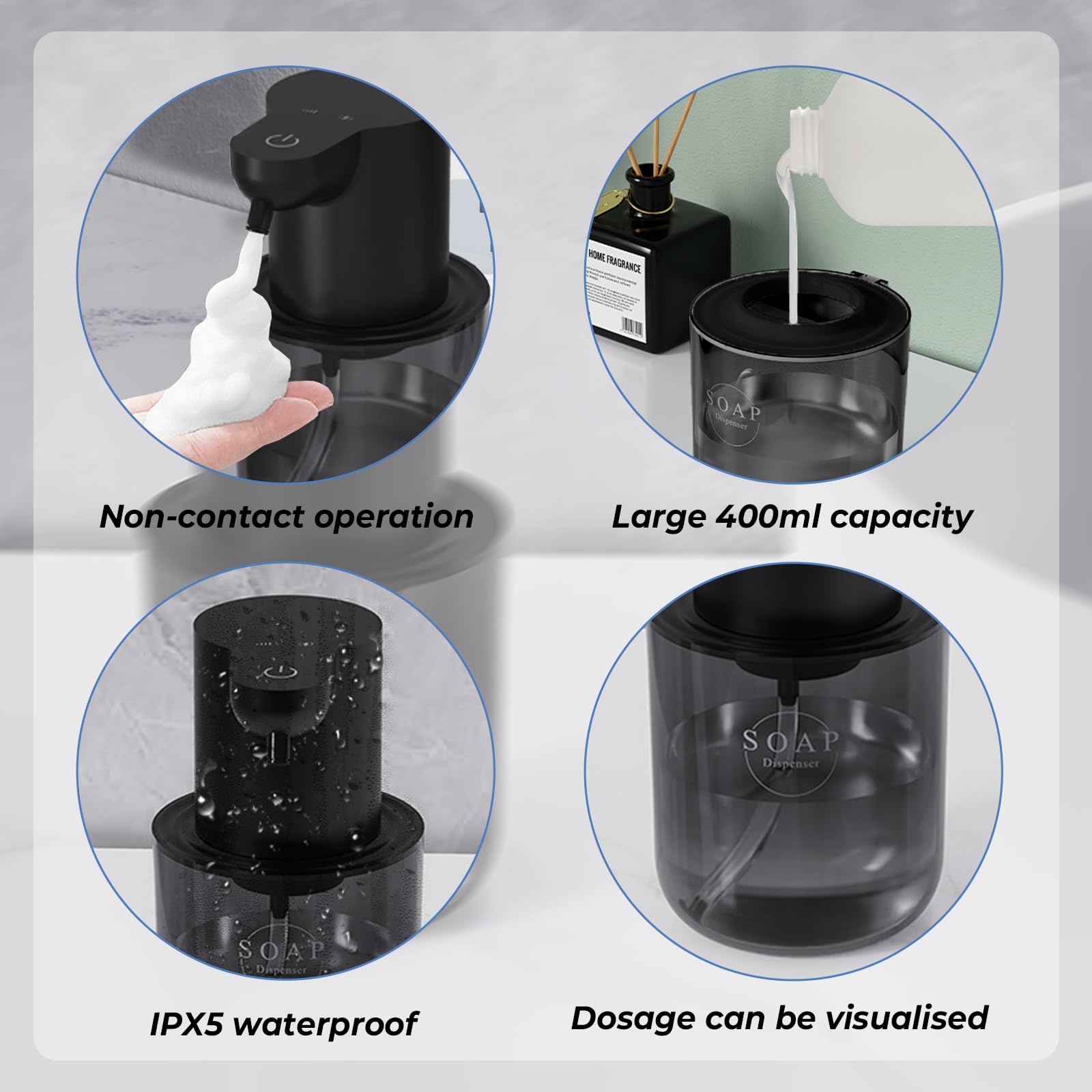 Dispenser Sapone Automatico a Schiuma, Senza Contatto con Sensore, 400ml Grande Capacità, 4 Livelli Regolabili, Ricarica USB-C, Impermeabile IPX5 per Bagno, Cucina, Hotel e Ufficio (Nero) - 3