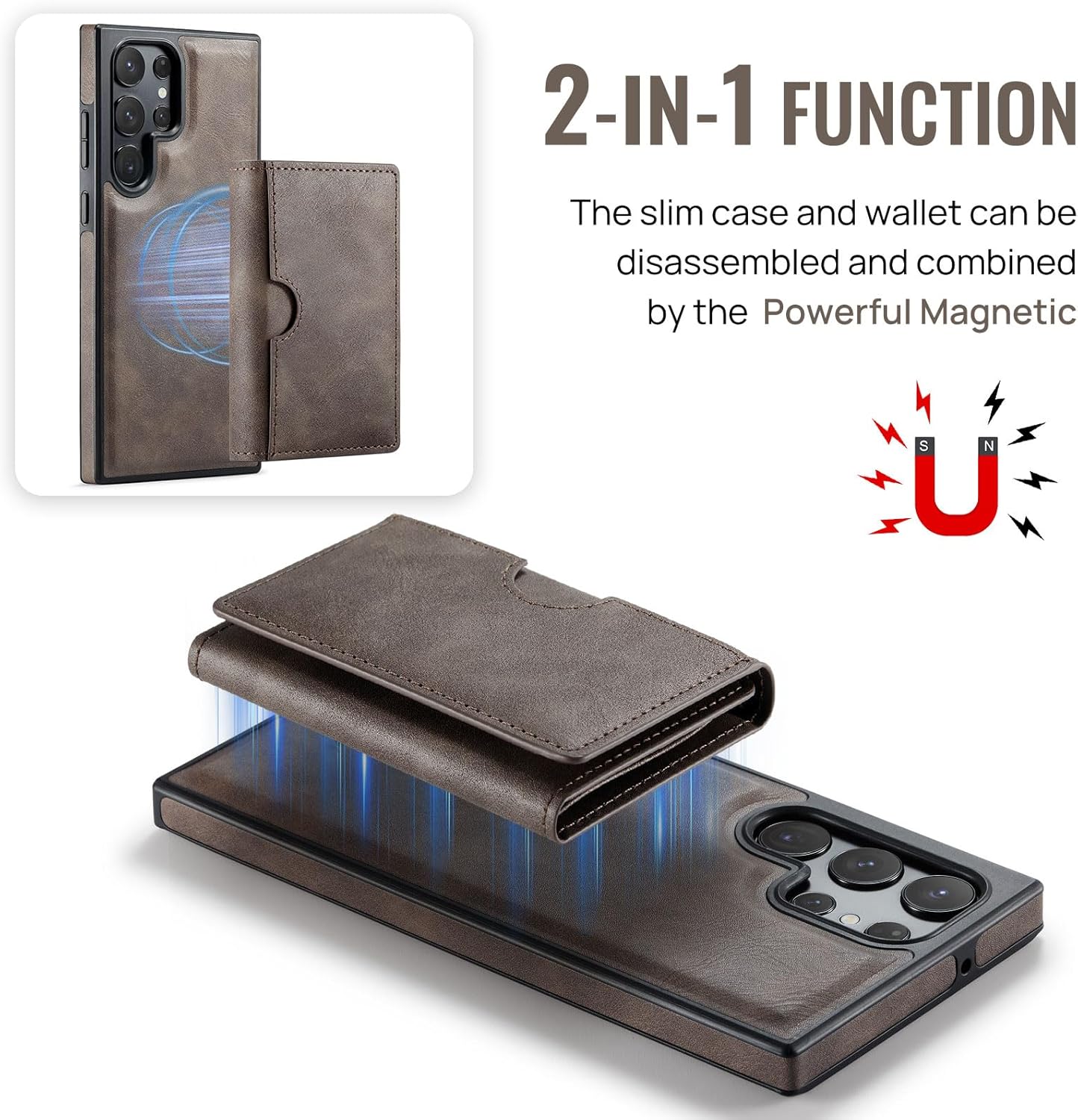 Asuwish Phone Case for Samsung Galaxy S23 Ultra 5G Wallet Magnetic Detachable Cell Cover with Wireless Charging and RFID Blocking Credit Card Holder S23Ultra 23S S 23 23Ultra 6.8 inch Women Men Coffee