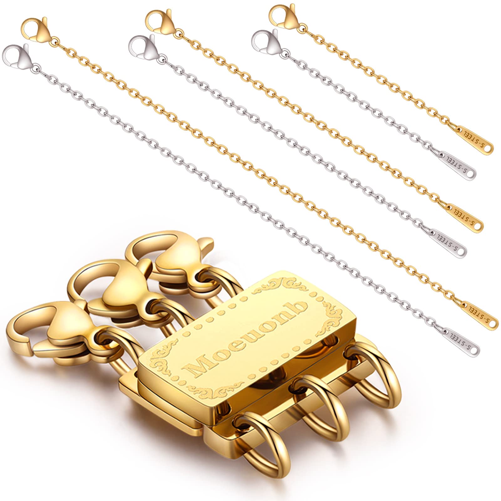 Moeuonb14K Real Gold Plated Necklace Layering Clasps + 6 Pcs Necklace Extenders - Layered Necklace Clasp - Magnetic Necklace Separator for Layering - Multiple Necklace Detangler Layer Stacker Clasps triple
