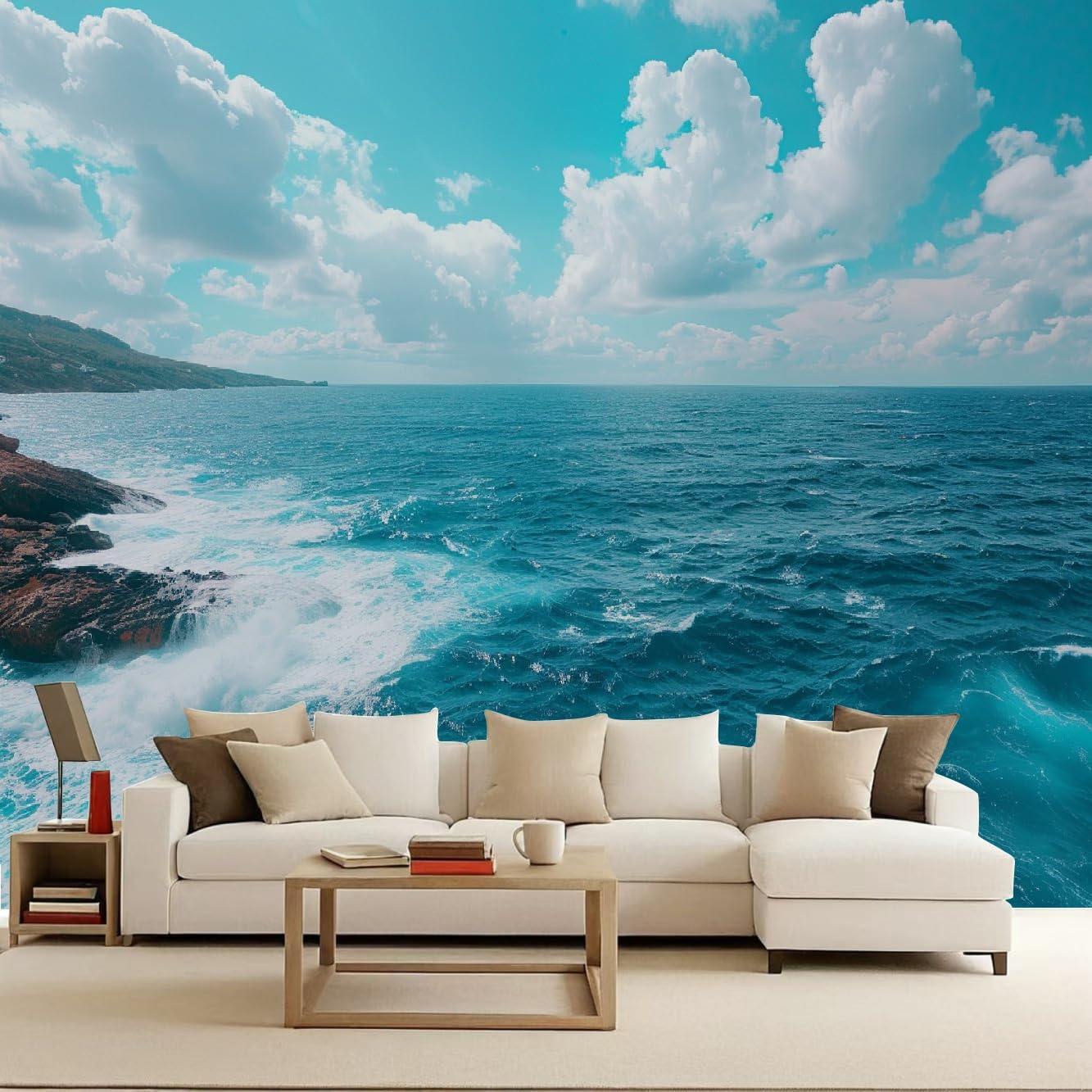 Blue Sky, Sea and Reefs Wallpaper Mural Natural Scenery Photo Wallpaper Blue Sky, sea and reefs 3D Wall Mural 250x175cm Non-Woven Premium Art Print Decoration Poster Picture for Living Room