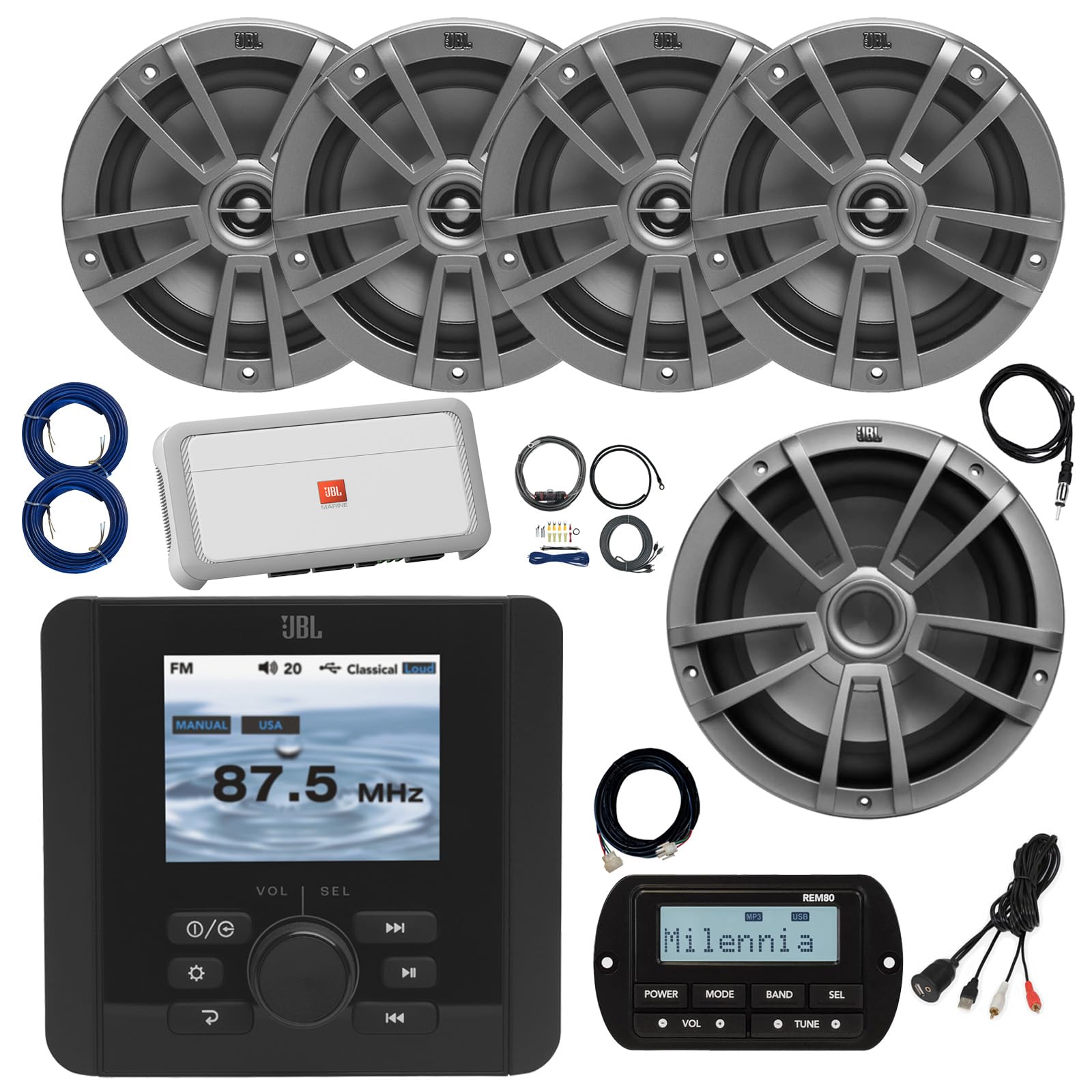 JBL JAM5000N Marine Gauge Hole Mount USB Bluetooth AM/FM/WB Receiver, Wired Remote, Extension, 4-Channel Amplifier w/Kit, 10