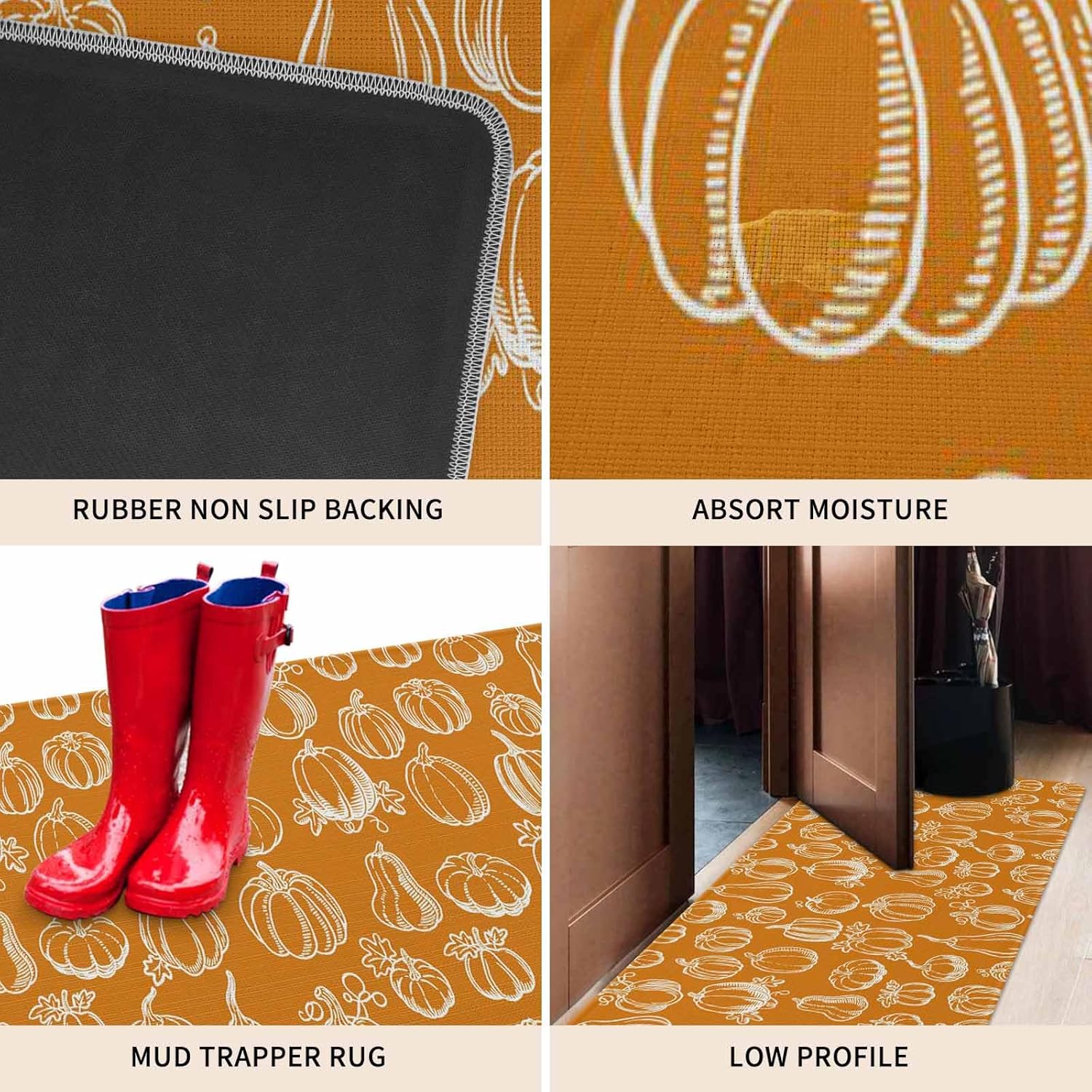 Fall Kitchen Rugs Set of 2 Harvest Pumpkin Kitchen Rug and Mats Set Non Slip Floor Mats for Sink Laundry Orange Thanksgiving Decorative Doormat Absorbent Runner Rug 16"x24"+16"x47"