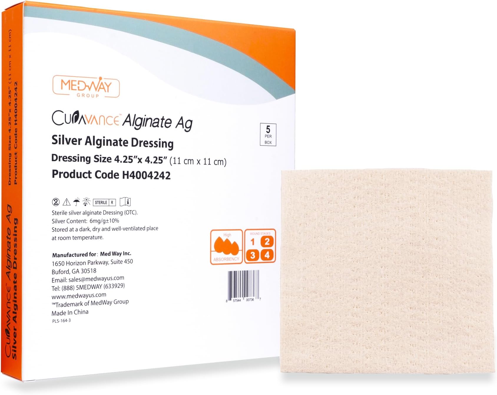 Medvance MedHeal Silver Calcium Alginate Ag Sterile Highly absorbent Antibacterial Dressing, 4.25"x4.25", 5 dressings/Box, MedHeal TM