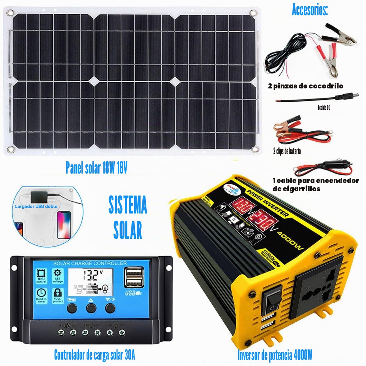 Kit De Panel Solar, Placas Solares para Casa Kit Completo 400W, Panel Solar Plegable De 18W, Controlador De Carga Solar De 30A con Pantalla LED De Potencia Y 2 Puertos USB Black-220V