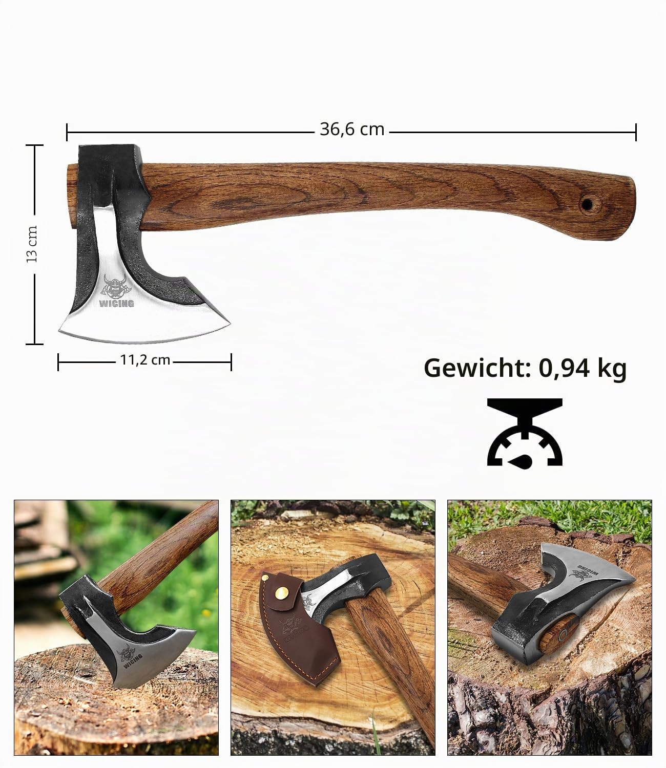 Camping Beil, 36,1 cm Spaltaxt mit Lederscheide, Hackaxt 1065 hoher Manganstahl und Hickory-Griff