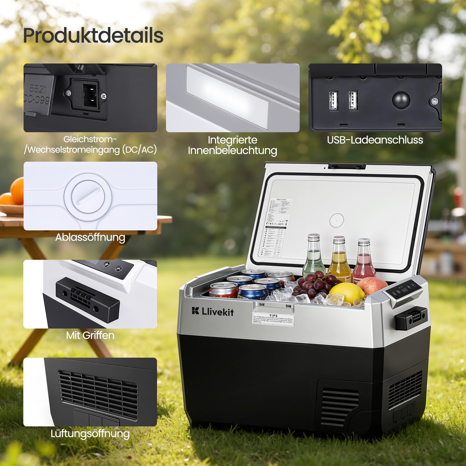 LLIVEKIT 40L Kompressor Kühlbox, -20~20°C, Tragbarer Kühlschrank, 12/24V DC | 100-240V AC, mit Beleuchtung, für Auto, LKW, Camping, Boot, Zuhause, AC und DC-Kabel, Schwarz