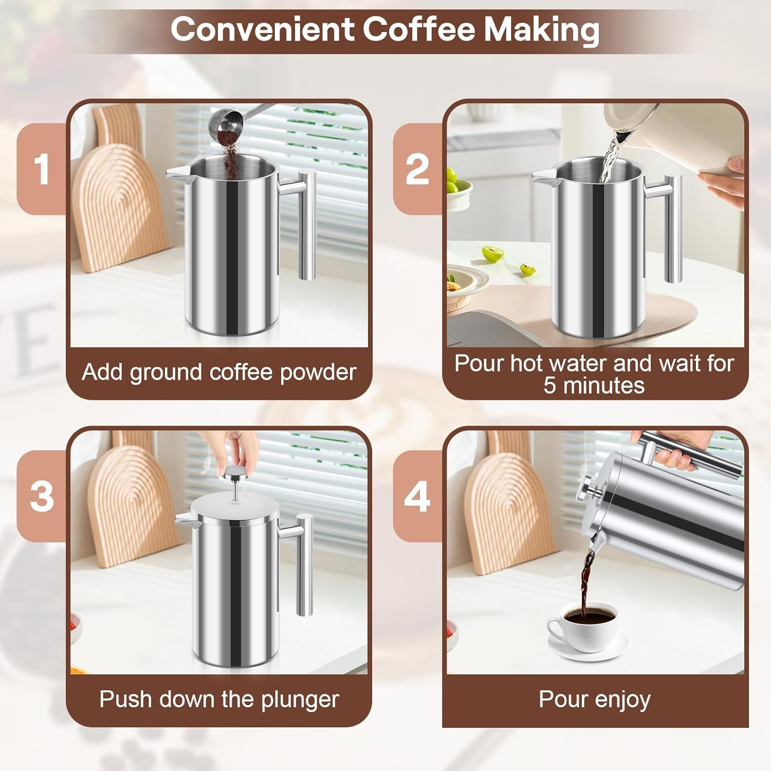 NVIYAM Caffettiera French Press in acciaio inox, 1000 ml, pressa francese a doppia parete, isolata, per la casa, il campeggio e l'ufficio