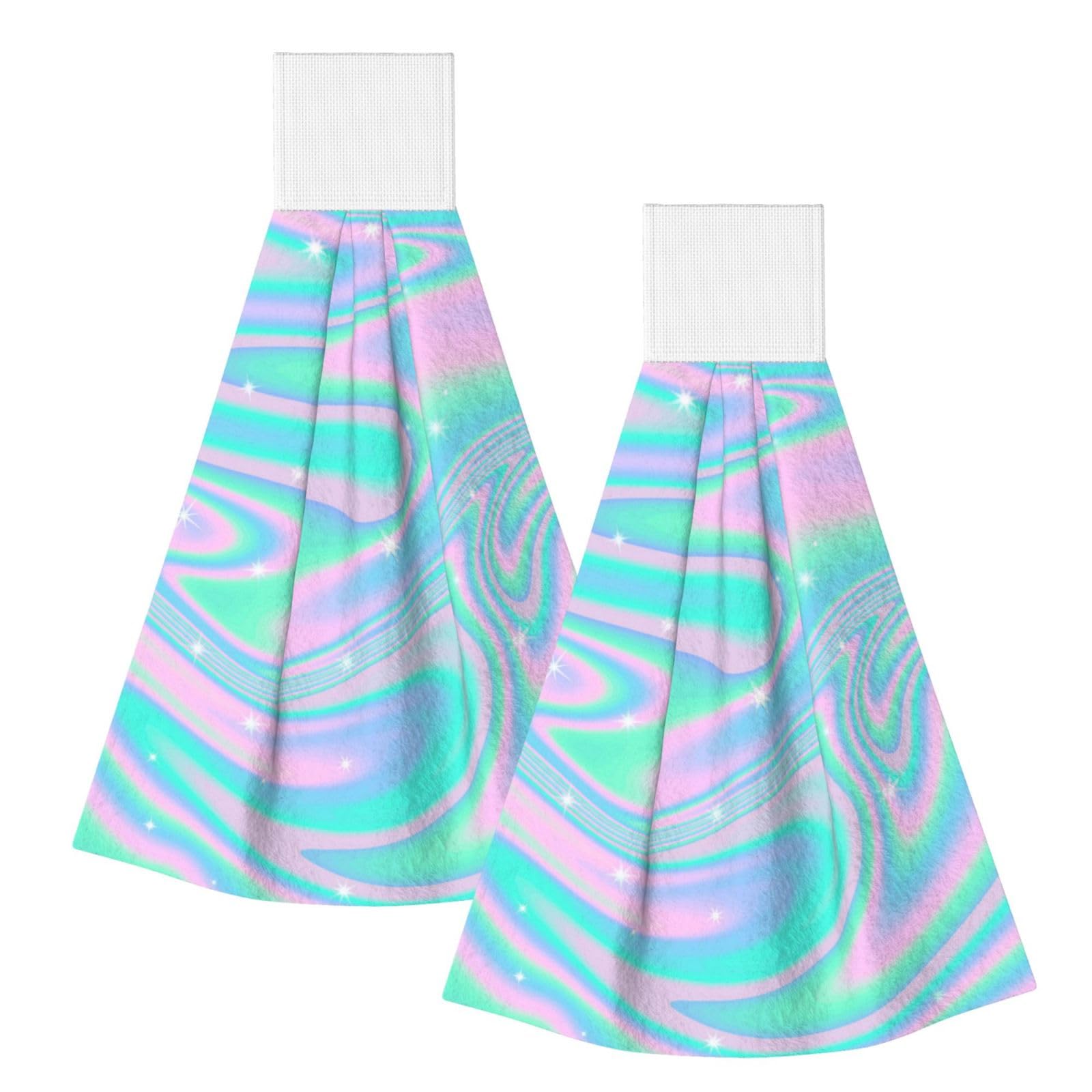 DOPKLNA Holographic Abstract Background In Pastel Neon, 2 Pcs Hanging Coral Fiber Hand Towels for Bathroom, Absorbent Kitchen Towels