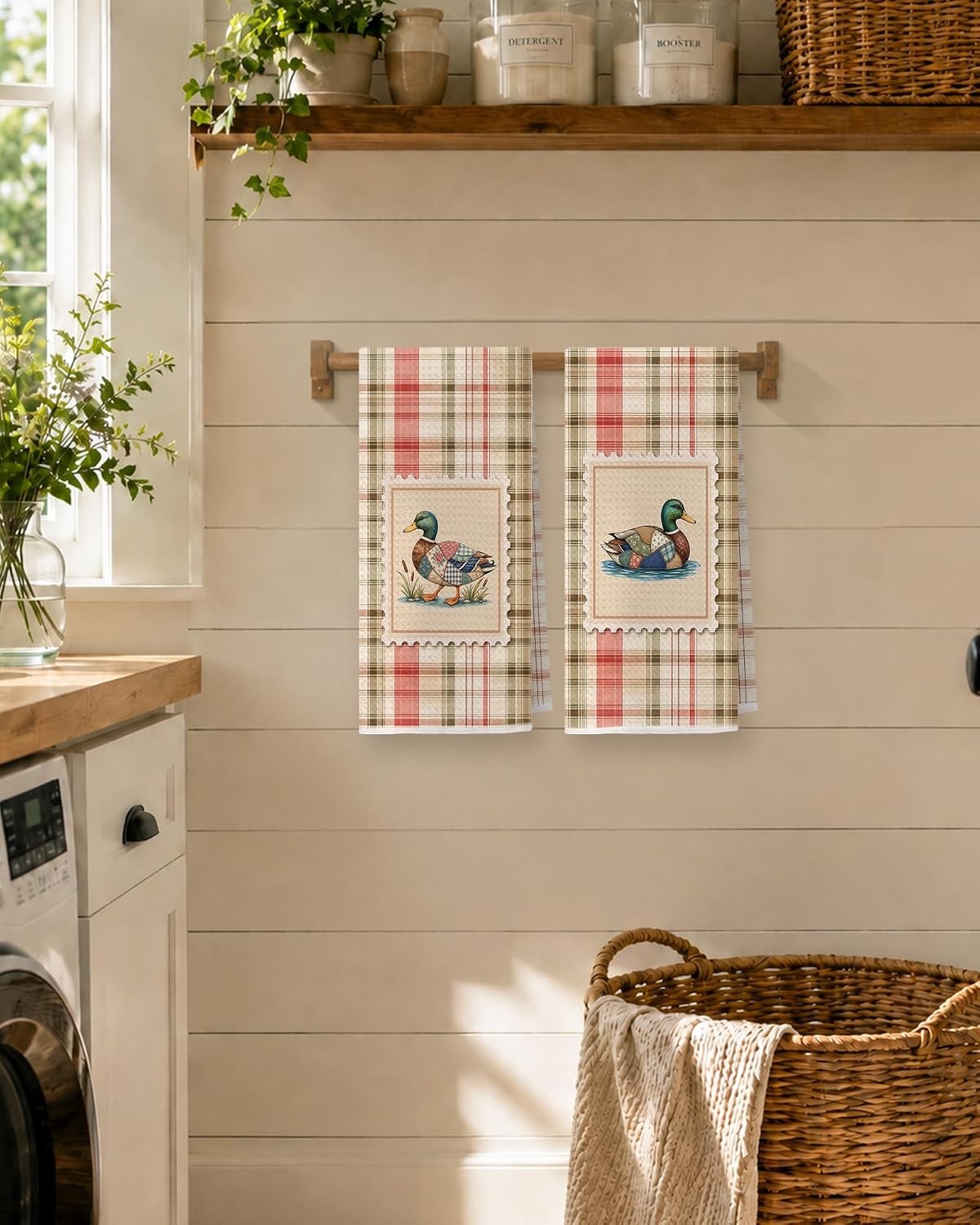 Mallard Duck Kitchen Towels Vintage Plaid Bird Set of 2 16x24 | Mallard duck kitchen towel with vintage plaid design for farmhouse kitchen decor, bird lovers, lake house style, and gifts.