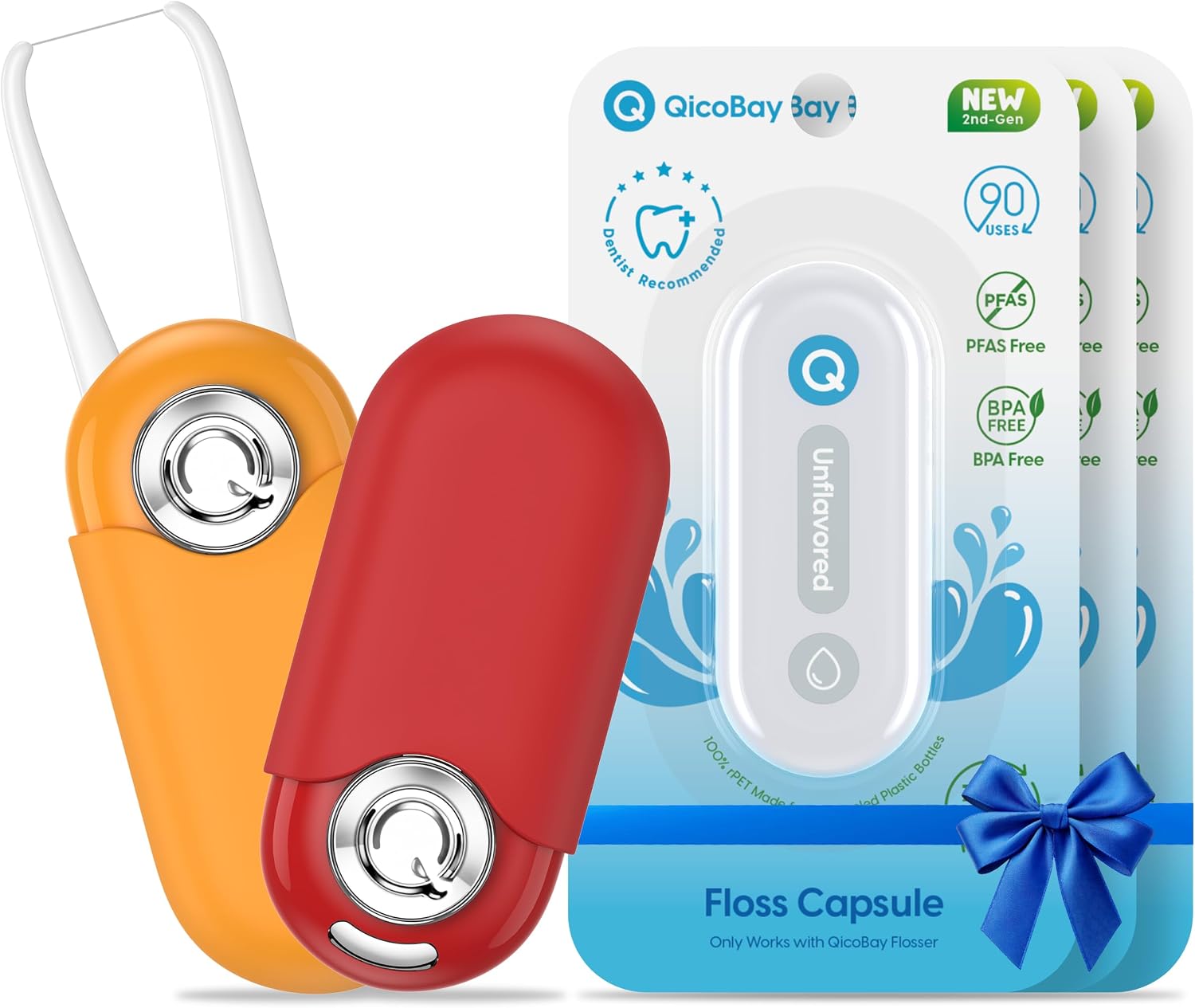 UpFlosser C1S Value Color Duo Bundle, 2 UpFlosser C1S + 3 Extra Unflavored Floss Capsules, Reusable Auto-Restringing Flosser for Quick & Deep Clean (Lava Red + Twilight Orange)