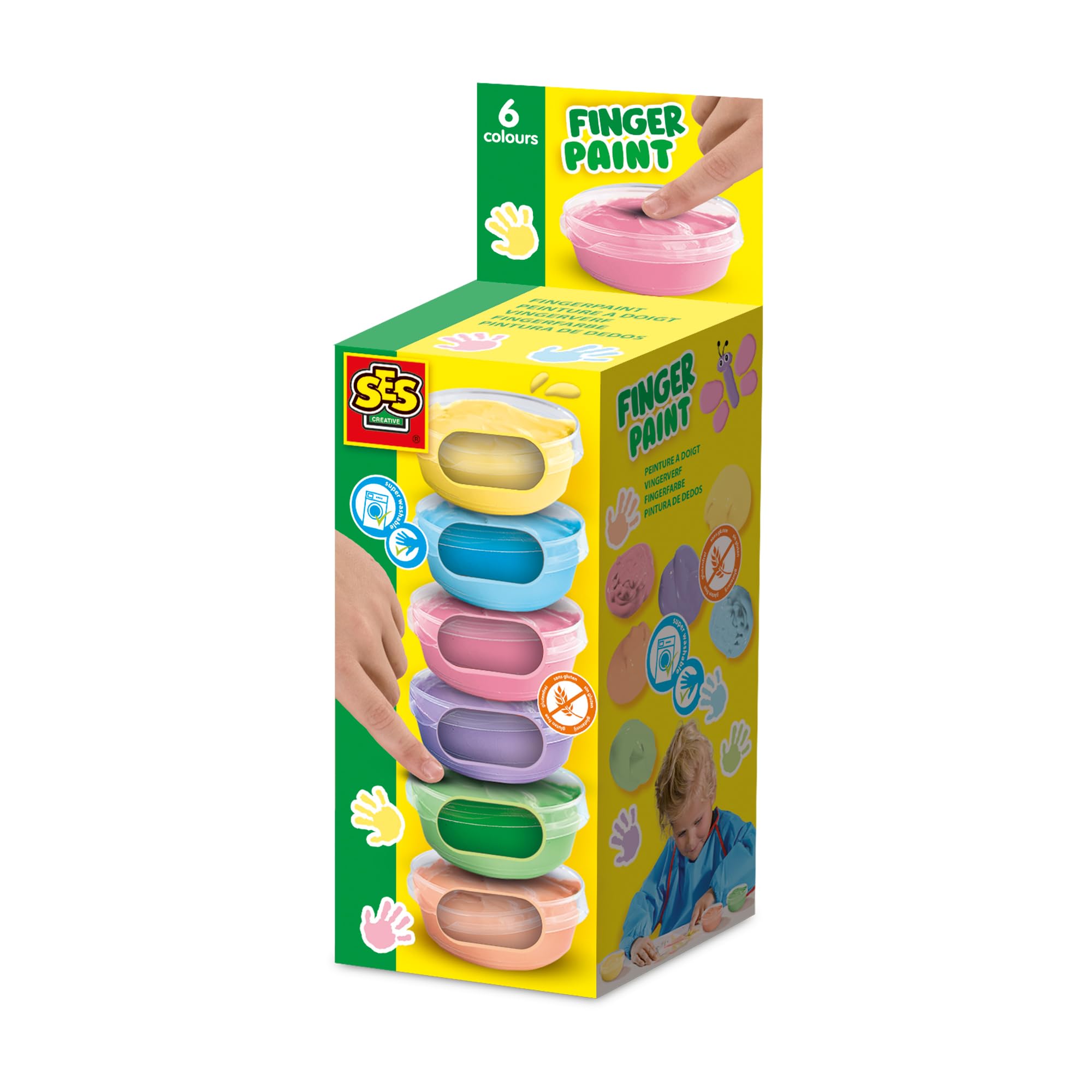 SES Creative 00397 Pastel Finger Paint Set - 6 Soft Colours x 45ml - Washable and Gluten-Free Paints for Kids Aged 2+ - Includes Pastel Orange, Blue, Pink, Green, Yellow, and Lilac