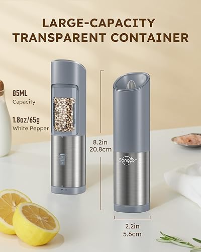Miniatura 3 de Sangcon Gravity - Molinillo eléctrico de sal y pimienta con interruptor de seguridad, funciona con pilas con luz LED, grosor ajustable, accesorios