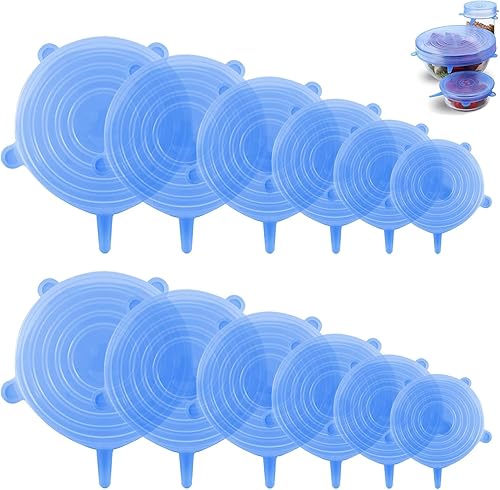 Tapas elásticas de silicona, paquete de 12 fundas reutilizables para alimentos, silicona flexible para cuencos, recipientes, frutas, sello hermético