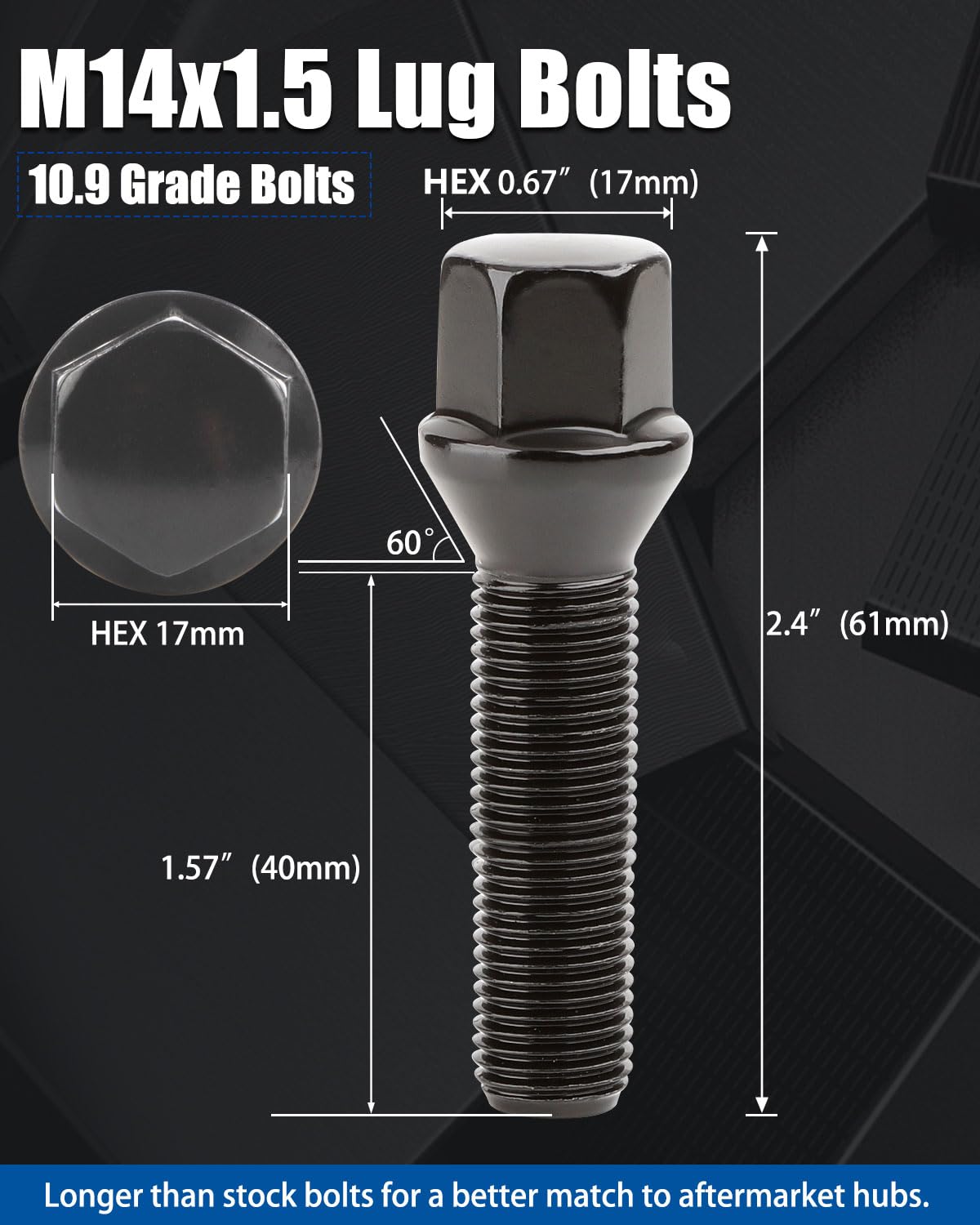 GAsupply Bulloni con gambo da 40 mm, 14 x 1,5, 20 perni conici neri alti 61 mm per distanziali delle ruote, esagonali da 17 mm, lunghezza filettatura 40 mm esteso bullone mozzo ruota