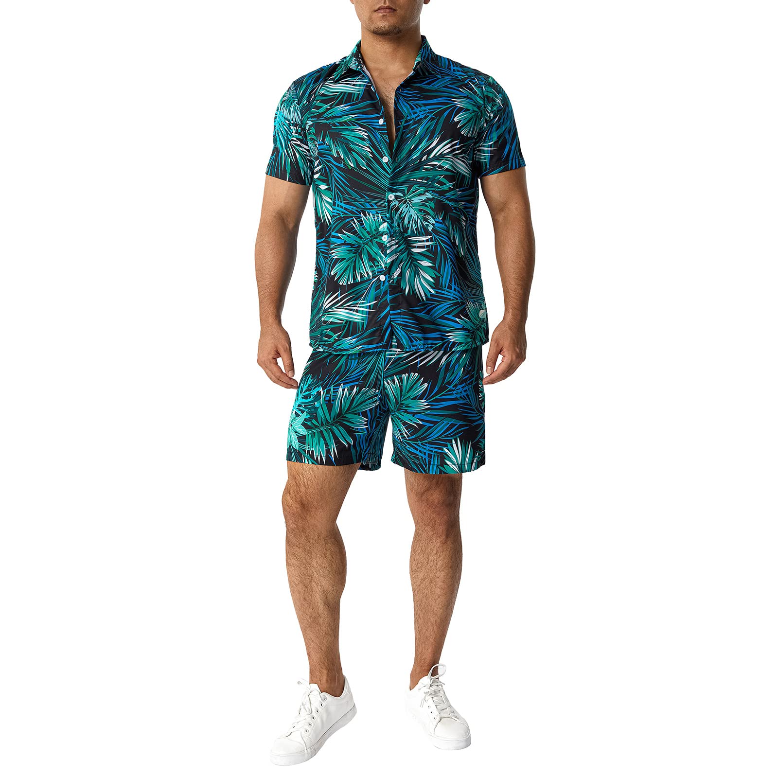 Loalirando Ensemble Hawaien Homme de 2 Pièces Chemise Imprimées à Manches Courtes + Shorts Assorti Taille Elastique