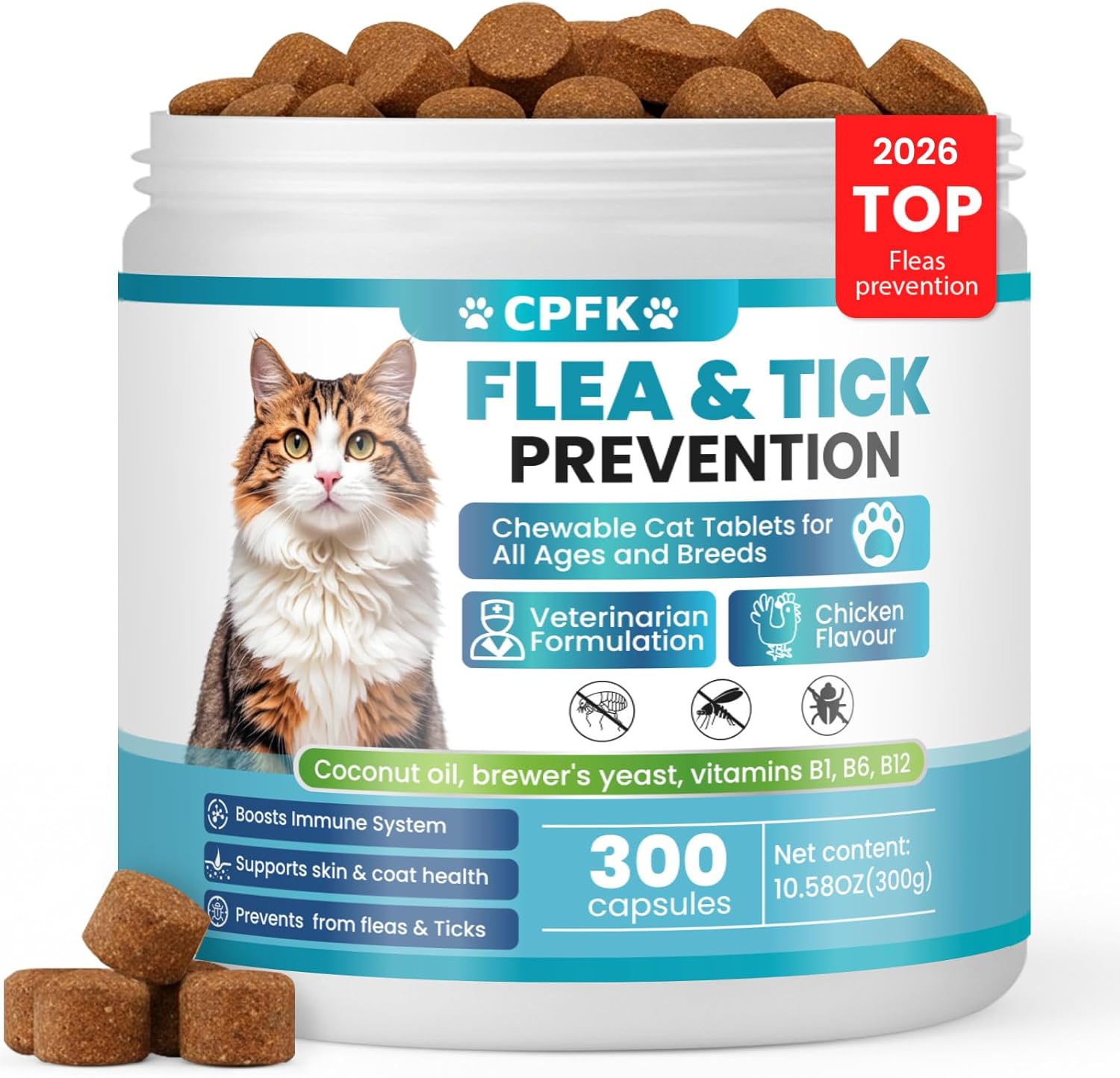 CPFK Chewable Flea & Tick Prevention for Cats - 300 Tablets, All Breeds & Ages, Safe Oral Treatment with Vitamins