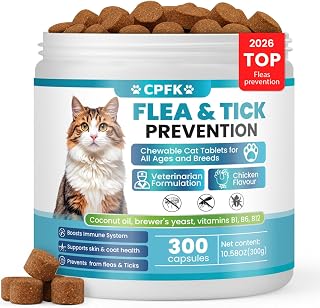 CPFK Chewable Flea & Tick Prevention for Cats - 300 Tablets, All Breeds & Ages, Safe Oral Treatment with Vitamins