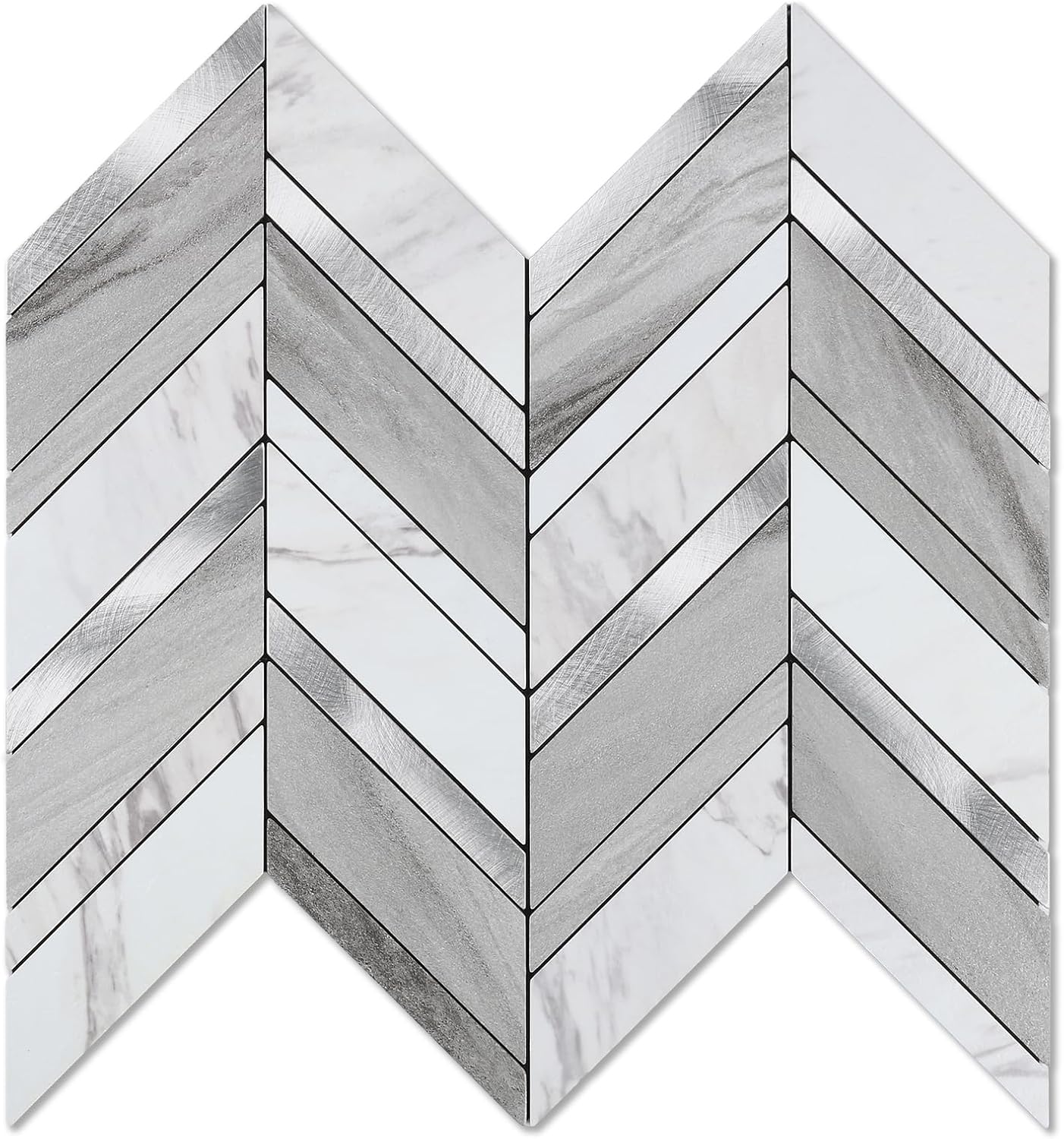 Yipscazo 10-Sheet Herringbone Peel and Stick Backsplash for Kitchen Walls,Heat Resistant White Gray Stone Mixed Metal Stick on Backsplash Tiles,Waterproof Peel and Stick Tile for Bathroom&Shower