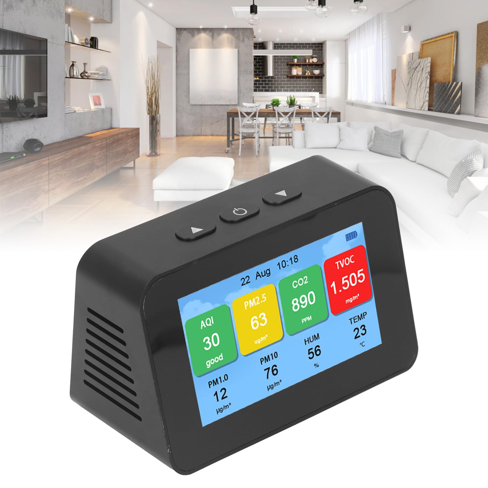 Hyuduo Monitor de Calidad del Aire, Detector LCD CO2 PM2.5 PM1.0 PM10 con Pantalla de Tiempo, Probador de Calidad del Aire Recargable Micro USB 3000 MAh para Uso en Interiores y Oficinas en el Hogar