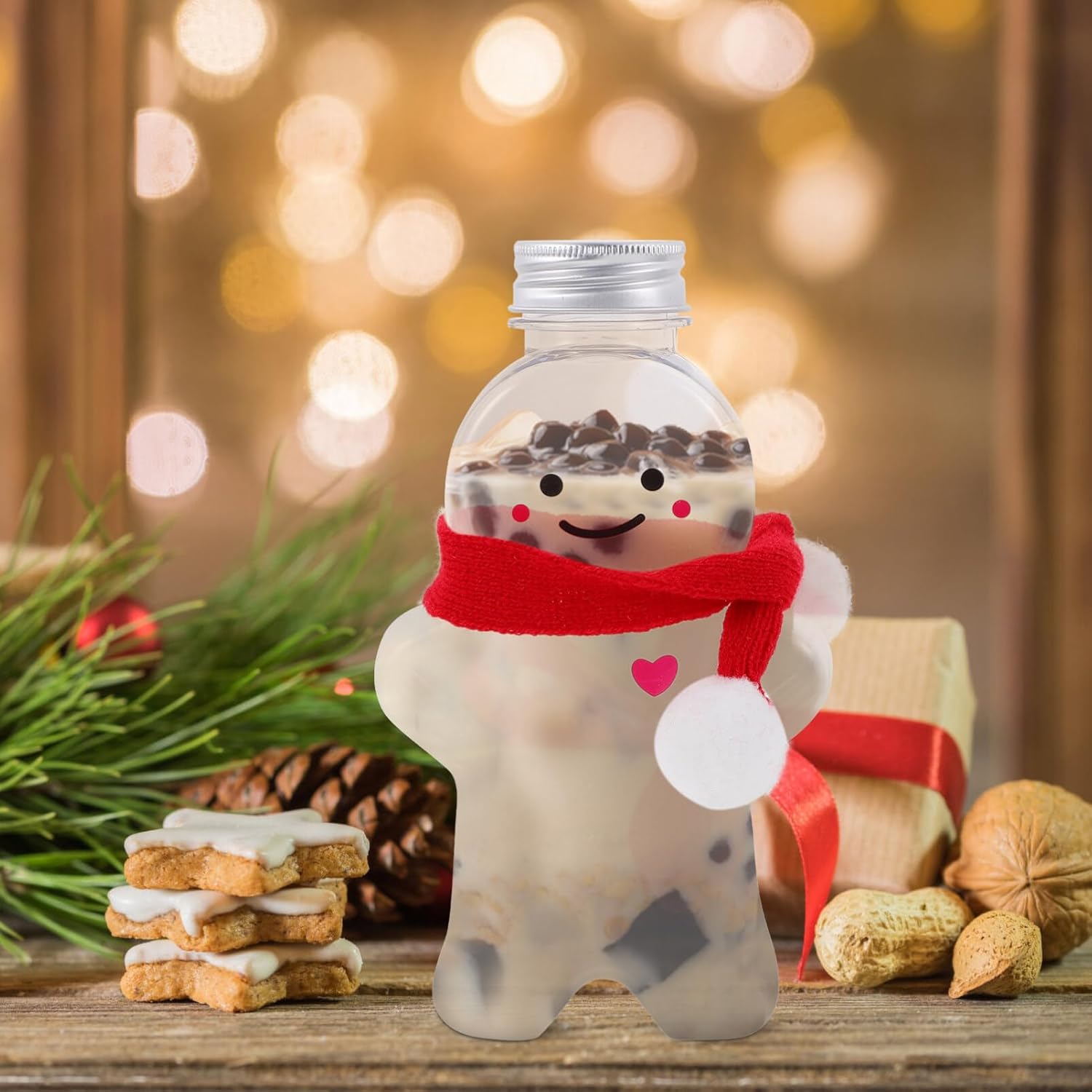 Luxshiny 10sets Christmas Gingerbread Man Beverage Bottles with Scarves Transparent Candy Jars for Parties Lightweight and Pet Drink Containers