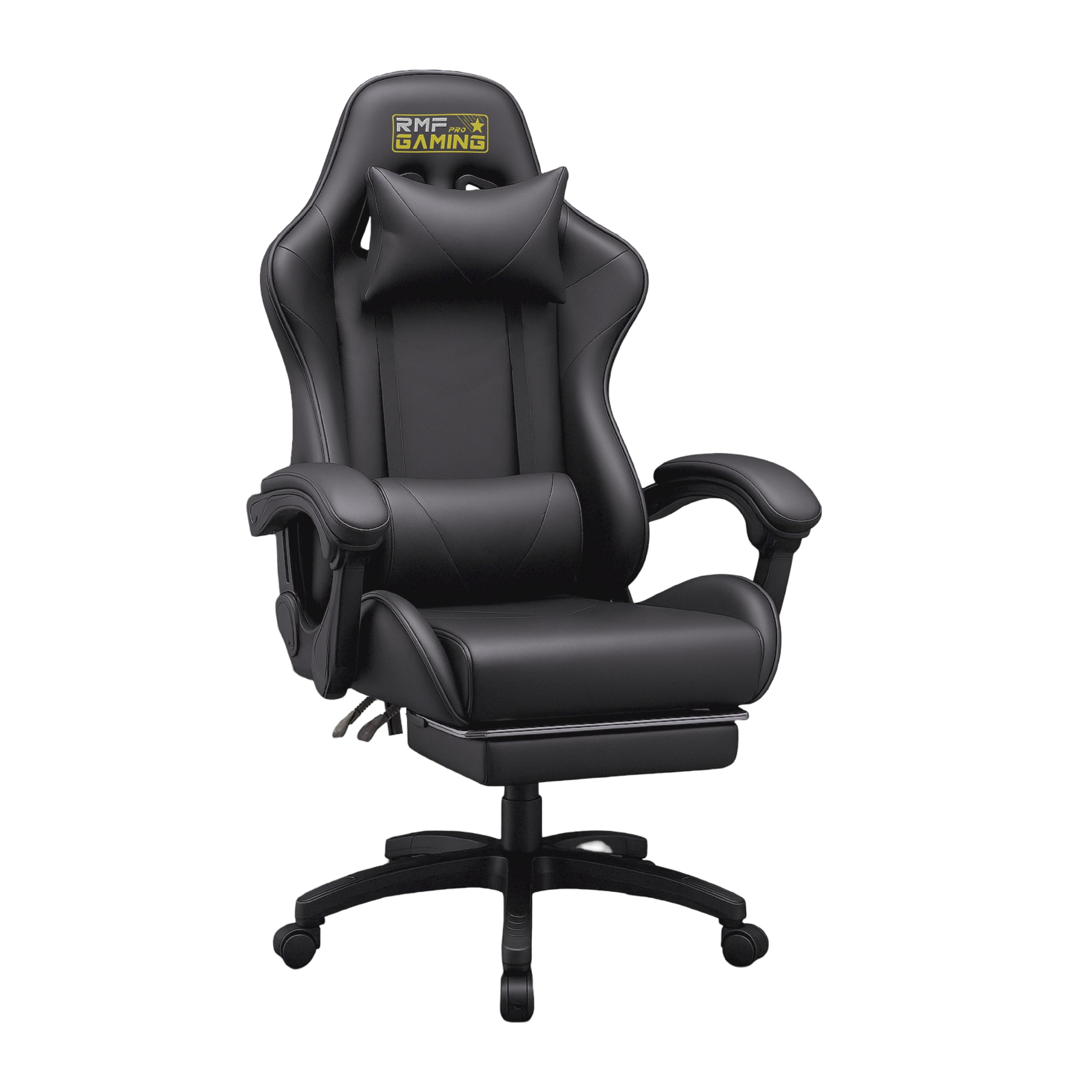 RMF Silla Gaming Profesional Ergonómica Reclinable, Sillón Gaming de Asiento Cómodo y Relajante con Reposapiés - Silla para Gamer con Ruedas Giratorias, Altura Ajustable Negra