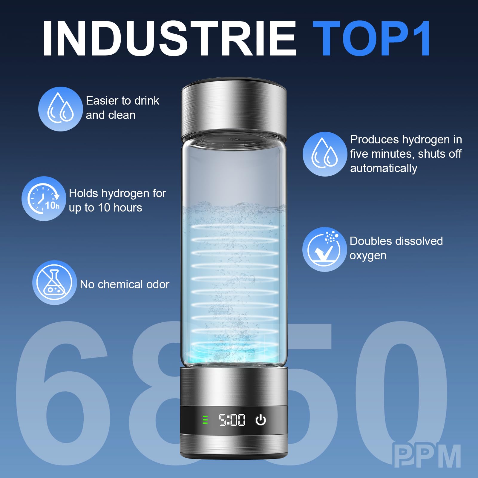 Bouteille d'Eau Hydrogène,Générateur d'Eau Hydrogène Portable,450ML Générateur d'Eau Ioniseur Rechargeable avec Technologie SPE et PEM,Jusqu'à 6850PPM,Eau Riche en Hydrogène en 6 Minutes