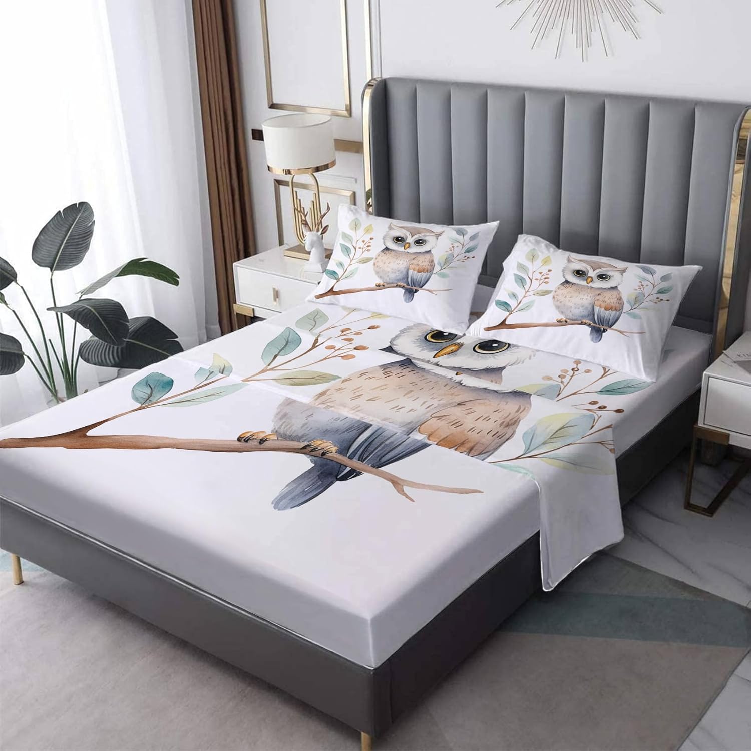 Owl Sheets Twin Size, Bird Bed Sheets, Patterned Bedding Sheets & Pillowcases 3 Piece Set - Soft Microfiber Deep Pocket Fitted Sheet & Flat Sheet & Pillow Case H-&7-203