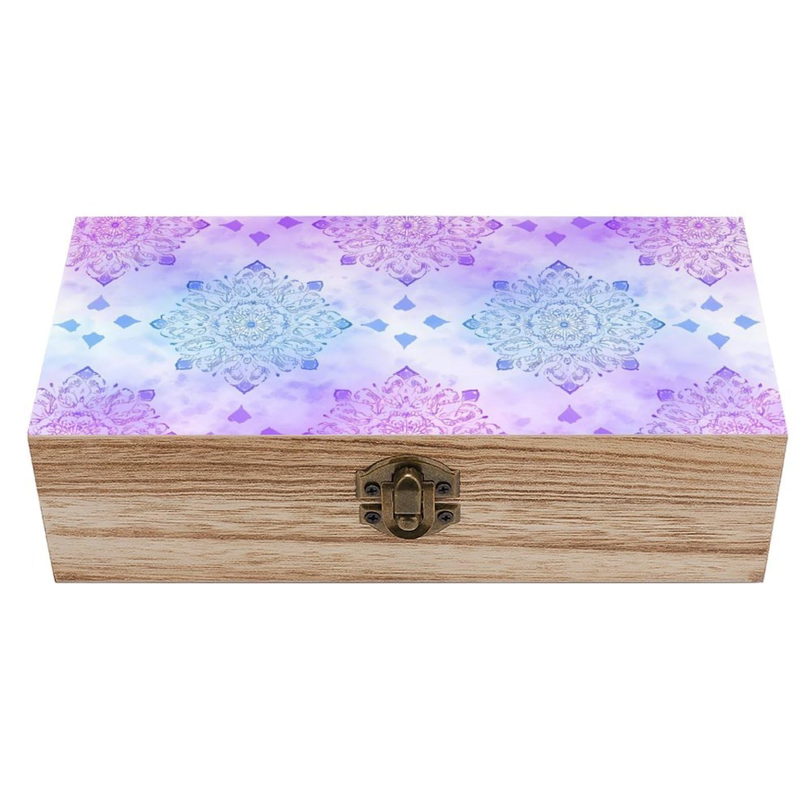 SMAZDFXX Geometric Mandala Pattern Wooden Storage Box With Hinged Lid Decorative Front Clasp Keepsake Boxes