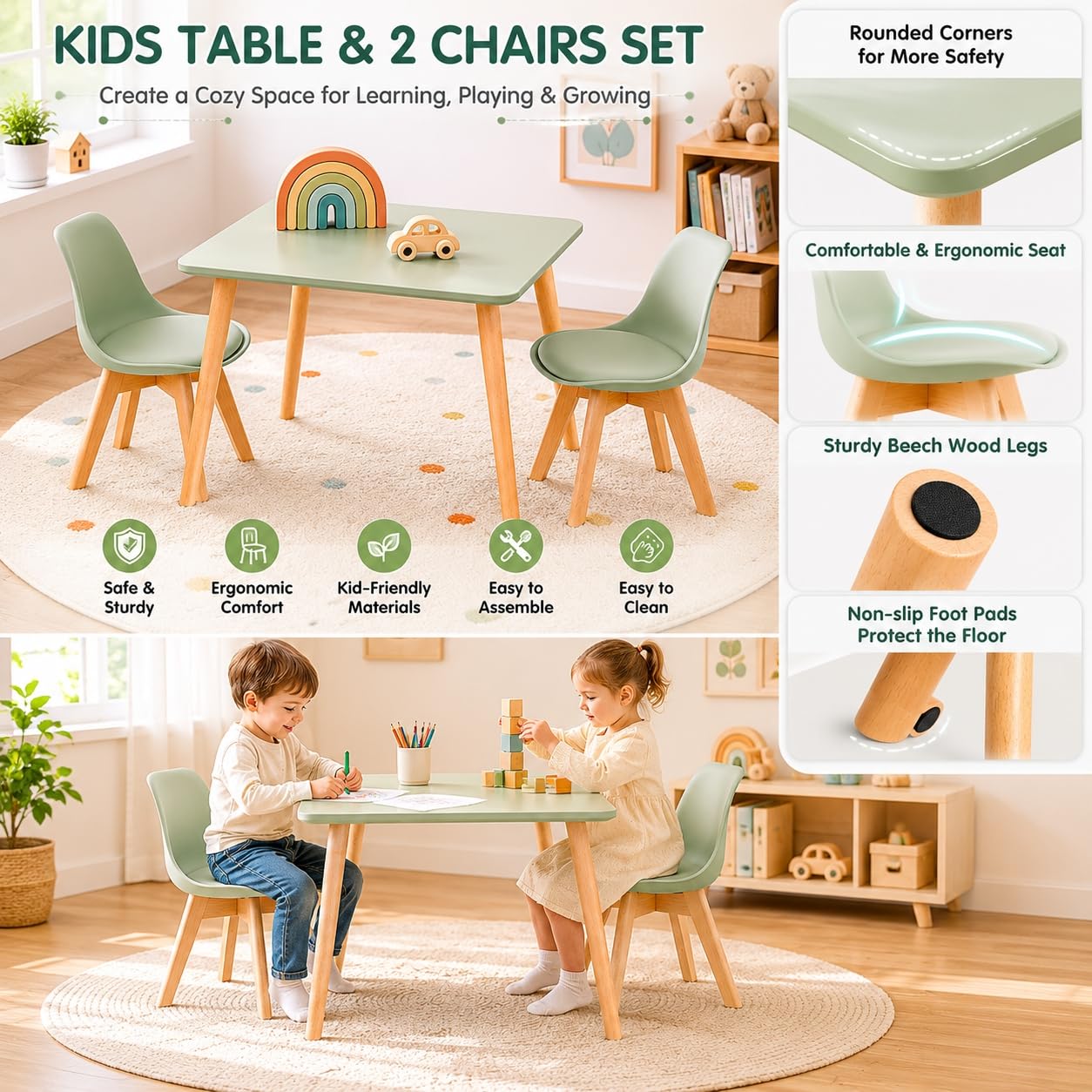 EGGREE Table et 2 chaises Enfant pour Chambre et crèche, Vert | Ensemble enfant 3 pièces : table 56 x 52 x 48 cm, 2 chaises, hêtre massif FSC, coins arrondis, assises faciles à essuyer.