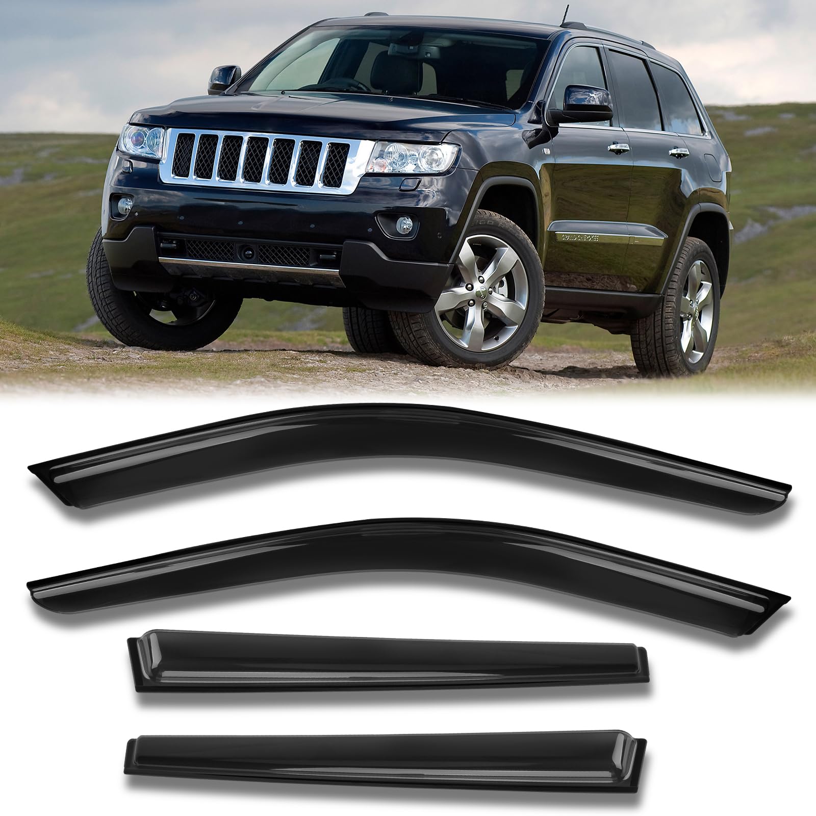 kyx rain guards for car windows, outside mount window visors rain guards fit for 2011-2020 jeep grand cherokee, extra durable window deflectors, vent visors 4 pieces 94252
