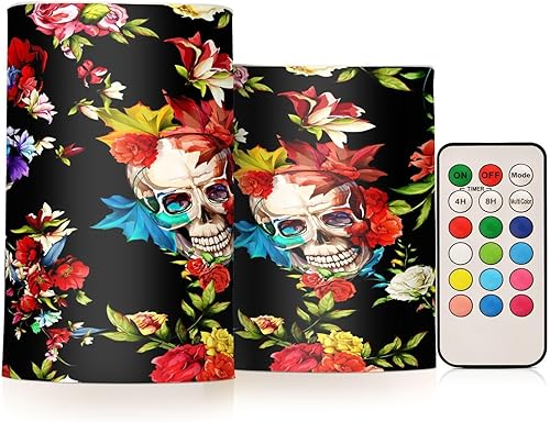 Sinestour Skull Flowers Flameless Candles Battery Operated Candles with Remote LED Candles Flickering Tea Lights Fake Candles with Timer for Wedding