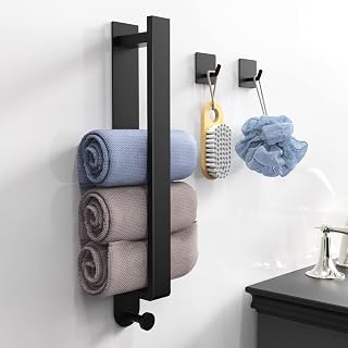 Oneyus Towel Rail No Drilling Required Self-Adhesive Guest Towel Holder Stainless Steel Black Bath Towel Holder with Hooks for Bathroom Kitchen (With 2 Towel Hooks),43 x 7 x 5 cm