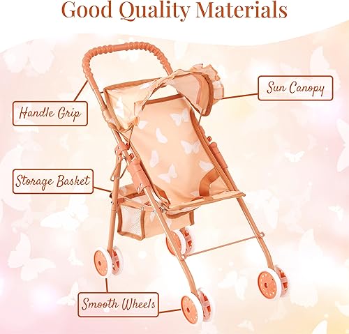 Miniatura 7 de Juego de cochecito de muñeca 4 en 1 con diseño de mariposa, incluye cochecito de juguete, cuna, gorila y silla alta - Accesorios para muñecas y